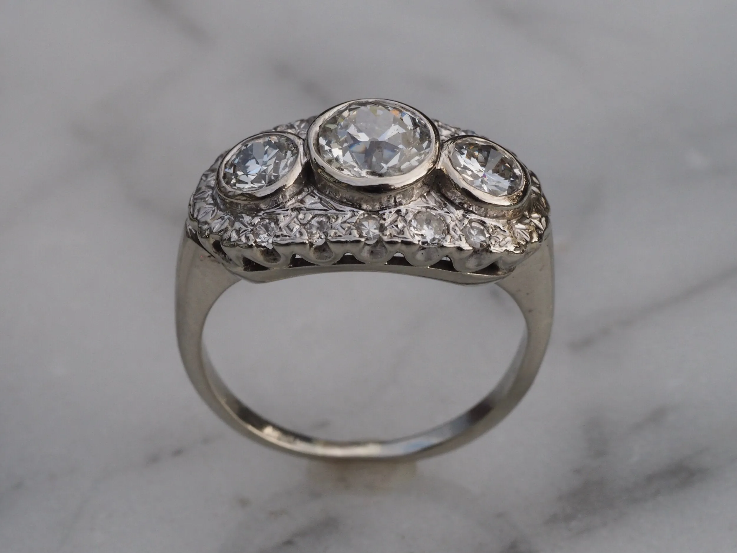 Art Deco 14k White Gold Diamond Trilogy Ring