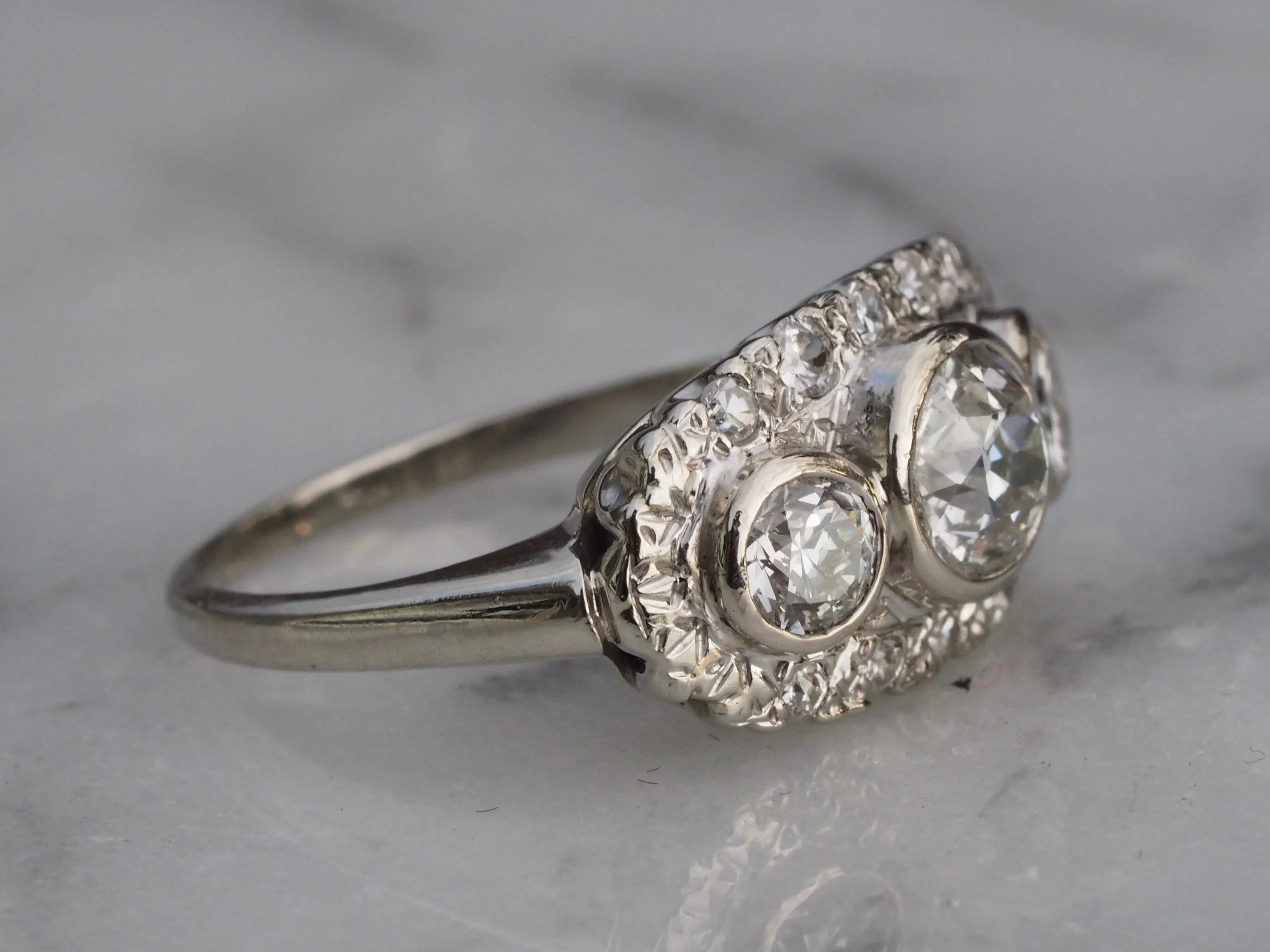 Art Deco 14k White Gold Diamond Trilogy Ring