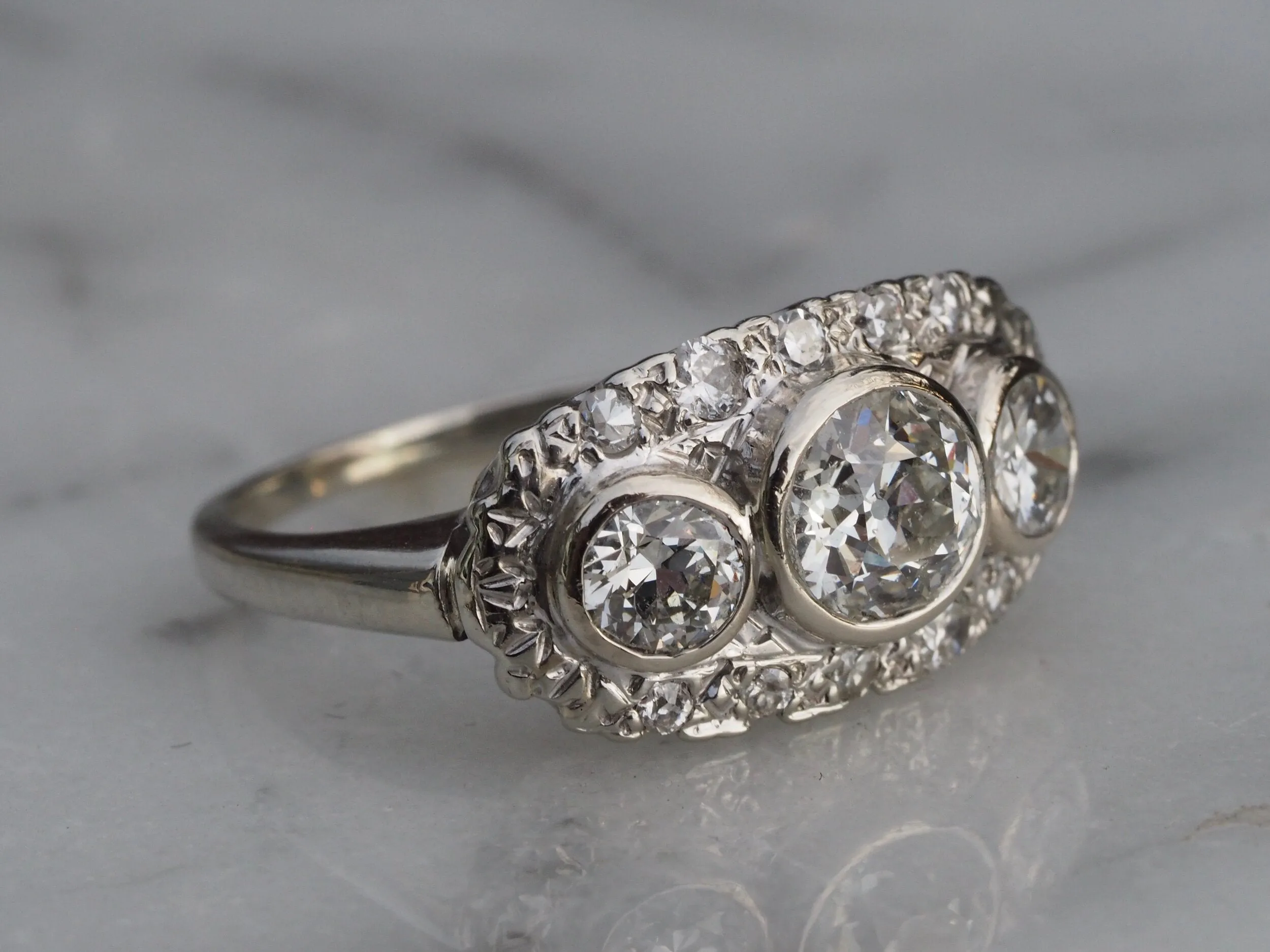 Art Deco 14k White Gold Diamond Trilogy Ring