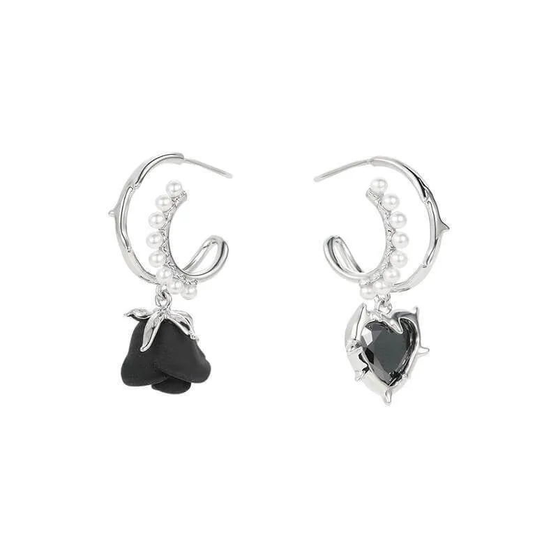 Asymmetric Heart Rose Zircon Stainless Steel Stud Earrings