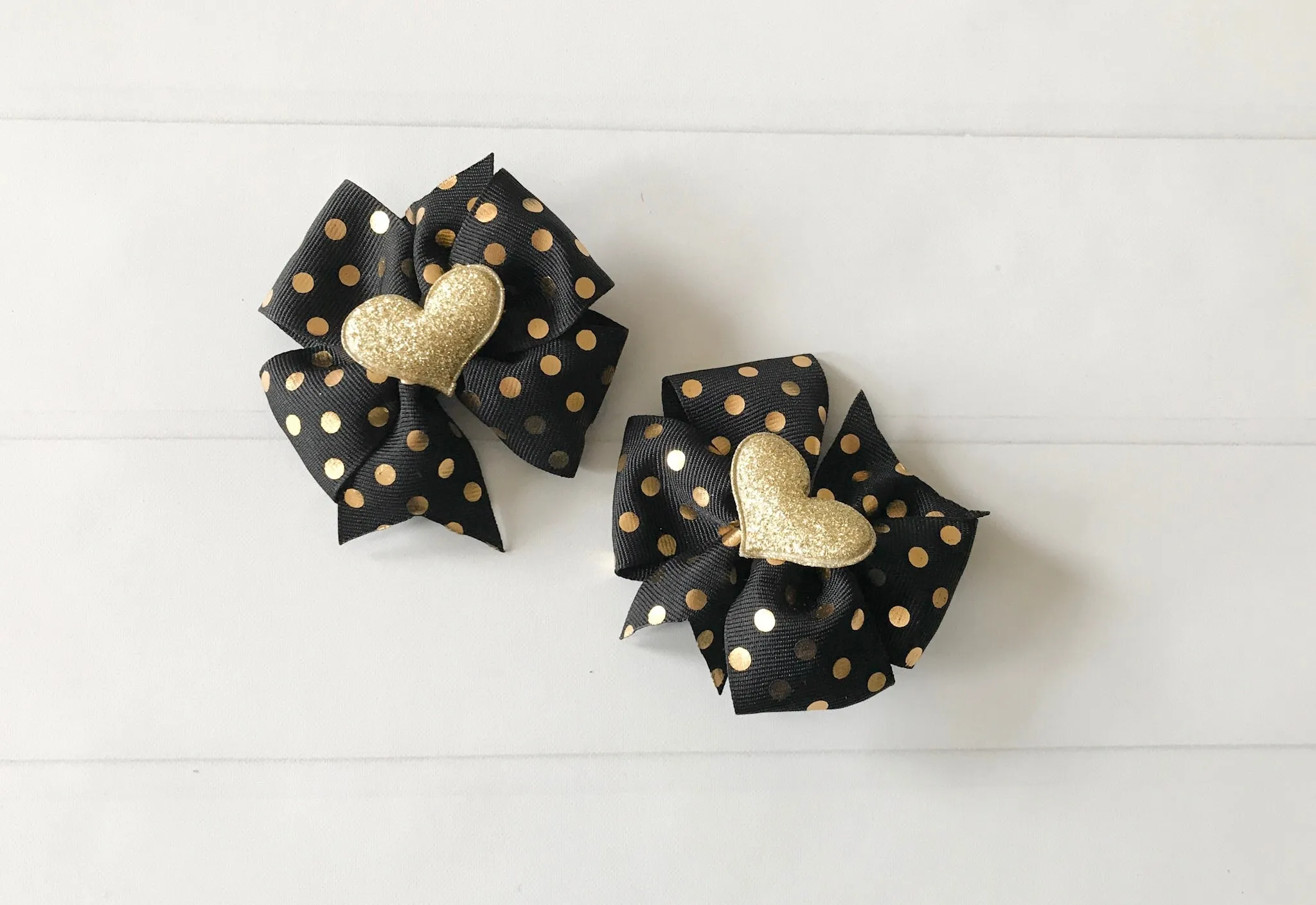 Black and Gold Polka Dots Mini Pinwheel Hair Bow Set I The Enchanted Magnolia