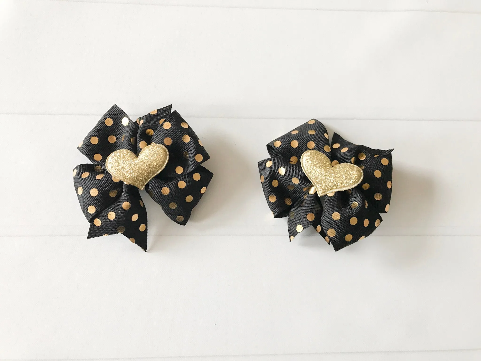 Black and Gold Polka Dots Mini Pinwheel Hair Bow Set I The Enchanted Magnolia