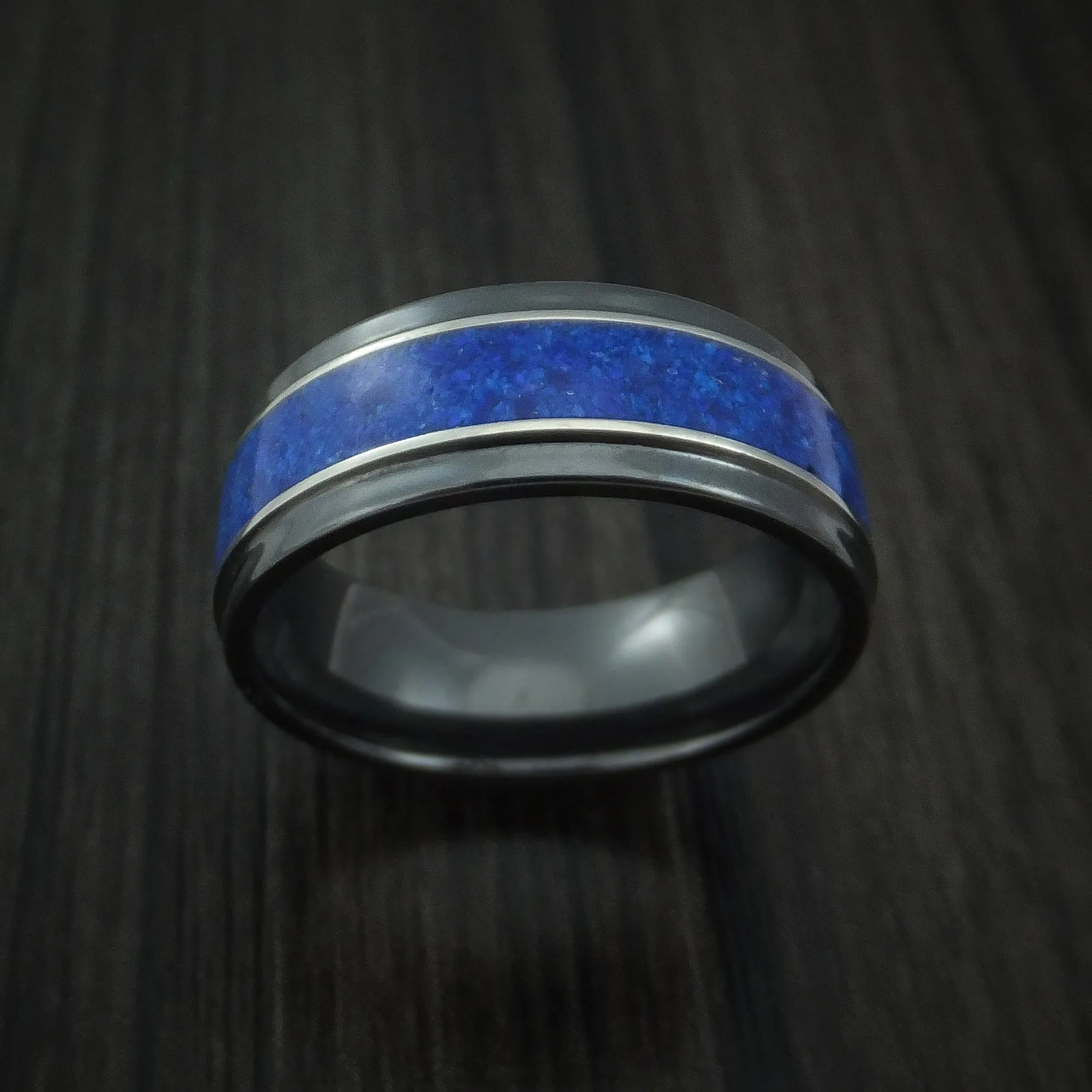 Black Zirconium and Lapis Lazuli Men's Ring Custom Made Band