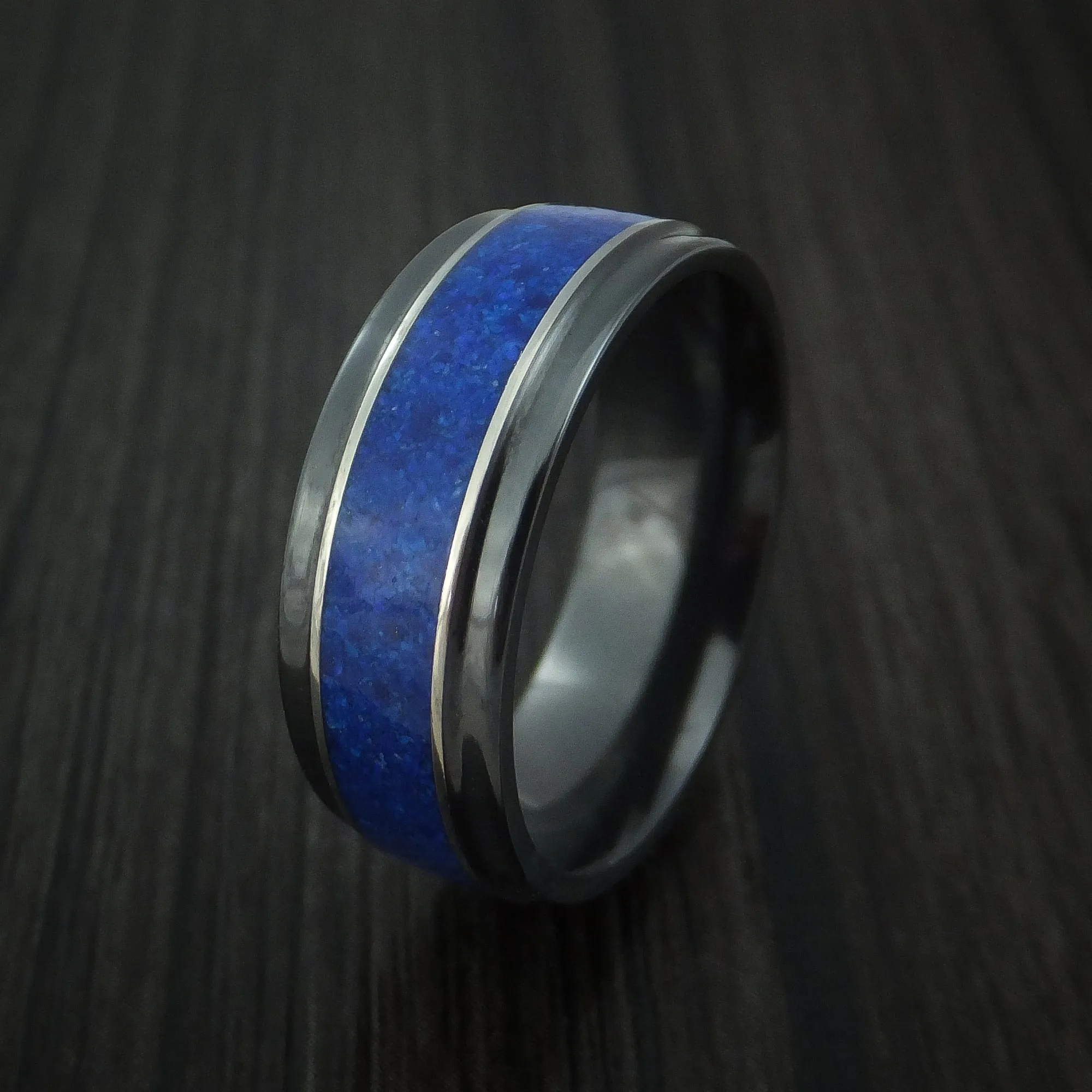 Black Zirconium and Lapis Lazuli Men's Ring Custom Made Band