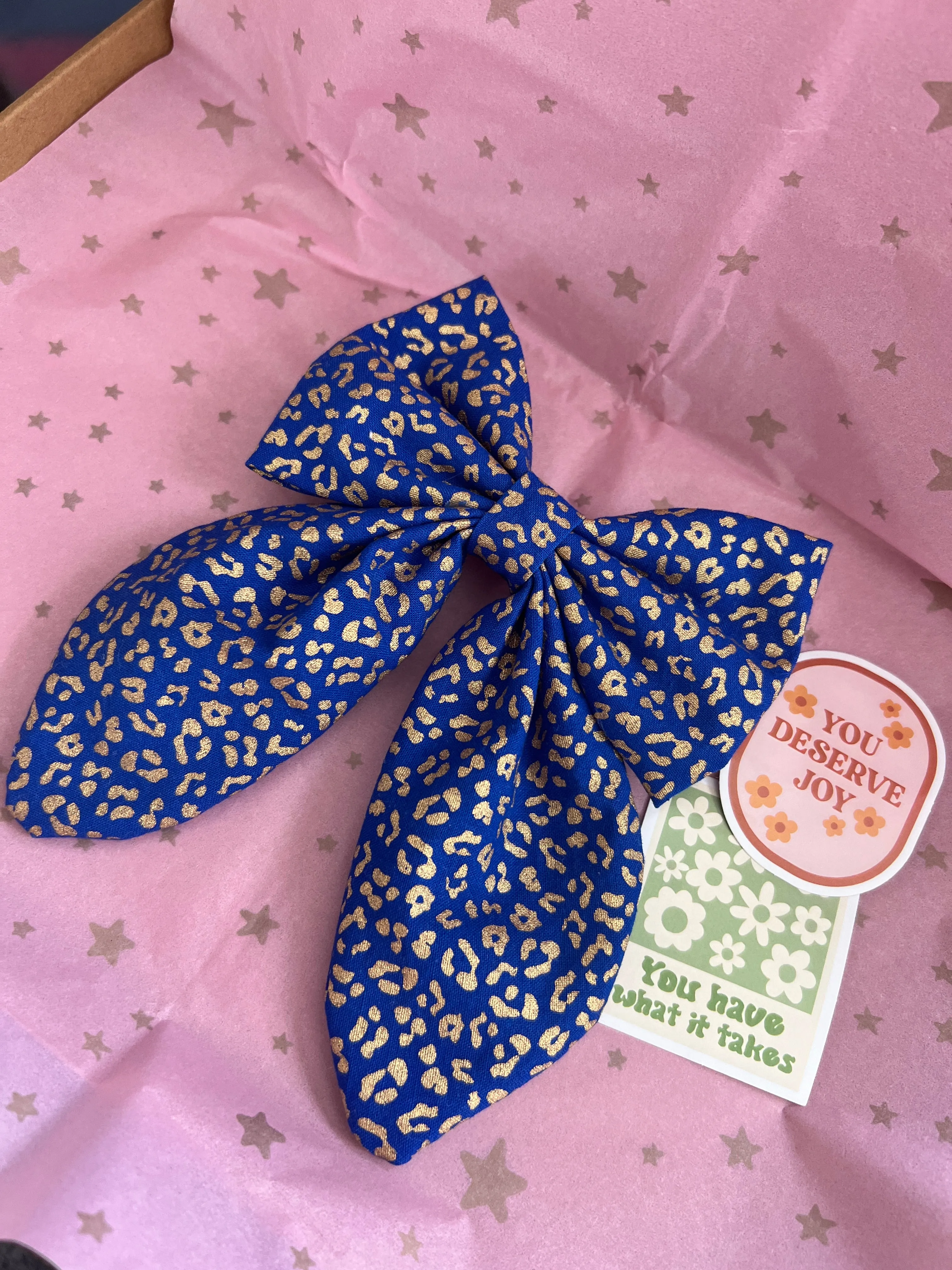 Blue and Gold Leopard Print Long Tail Hair Bow