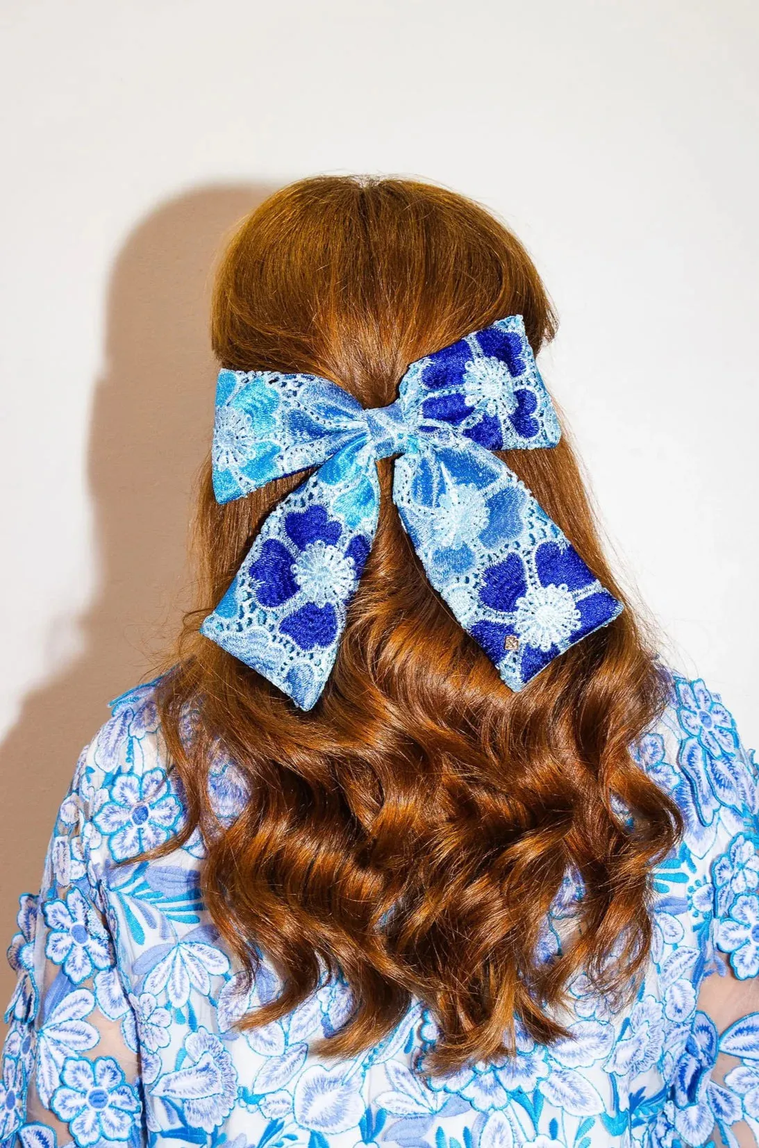 Blue Mosaic Lace Flowers Bow Barrette [Brianna Cannon]