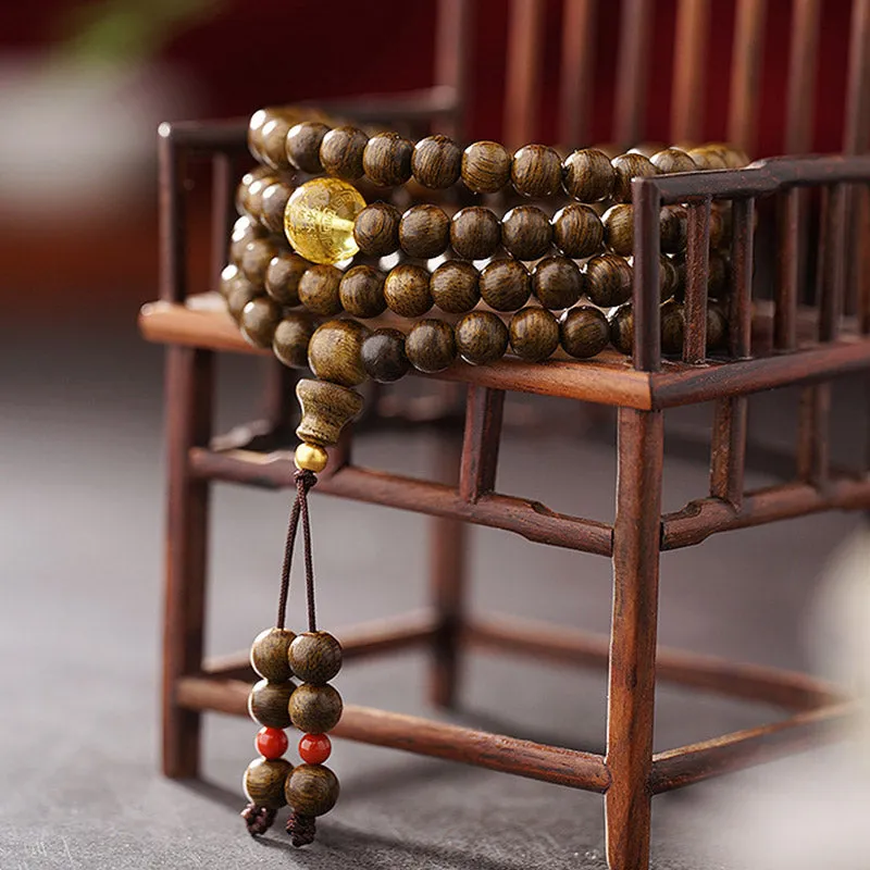 Buddha Stones 108 Mala Beads 999 Gold Brunei Agarwood Heart Sutra Amber Red Agate Strength Meditation Bracelet (Extra 30% Off | USE CODE: FS30)