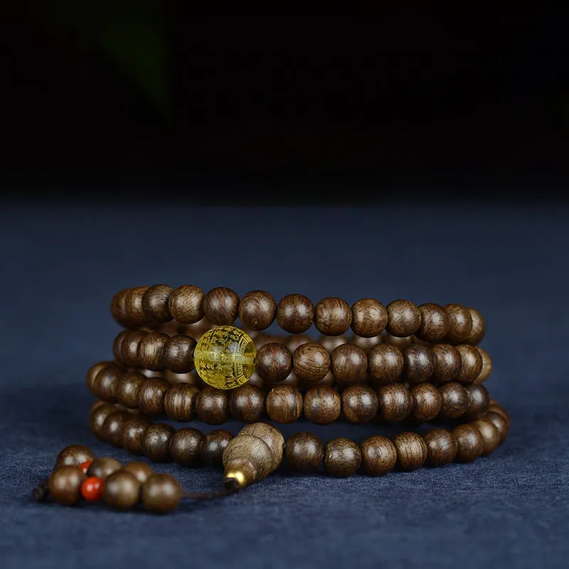 Buddha Stones 108 Mala Beads 999 Gold Brunei Agarwood Heart Sutra Amber Red Agate Strength Meditation Bracelet (Extra 30% Off | USE CODE: FS30)