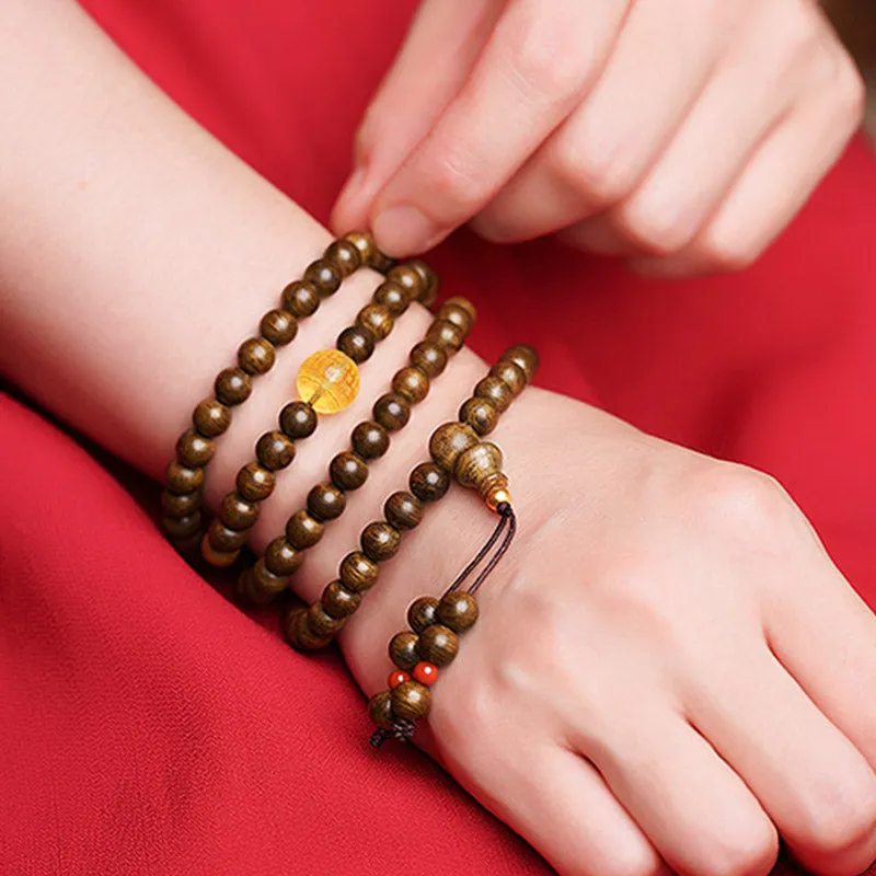Buddha Stones 108 Mala Beads 999 Gold Brunei Agarwood Heart Sutra Amber Red Agate Strength Meditation Bracelet (Extra 30% Off | USE CODE: FS30)