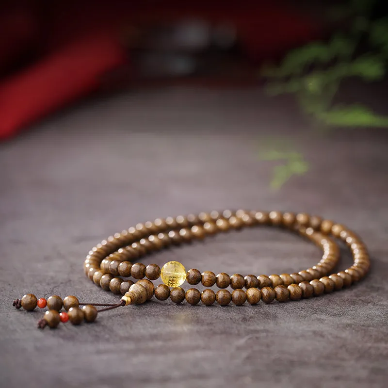 Buddha Stones 108 Mala Beads 999 Gold Brunei Agarwood Heart Sutra Amber Red Agate Strength Meditation Bracelet (Extra 30% Off | USE CODE: FS30)