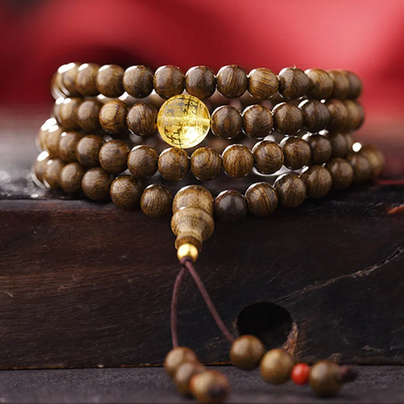 Buddha Stones 108 Mala Beads 999 Gold Brunei Agarwood Heart Sutra Amber Red Agate Strength Meditation Bracelet (Extra 30% Off | USE CODE: FS30)