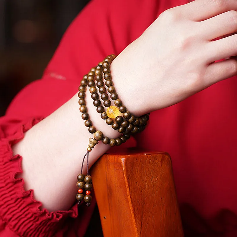 Buddha Stones 108 Mala Beads 999 Gold Brunei Agarwood Heart Sutra Amber Red Agate Strength Meditation Bracelet (Extra 30% Off | USE CODE: FS30)