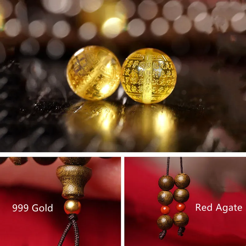 Buddha Stones 108 Mala Beads 999 Gold Brunei Agarwood Heart Sutra Amber Red Agate Strength Meditation Bracelet (Extra 30% Off | USE CODE: FS30)
