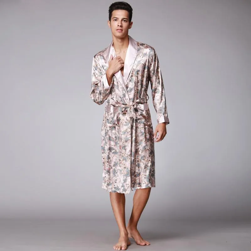Chinese Men Satin Bathrobe Robe Long Sleeve Pajamas Vintage Print Nightgown Sleepwear New Novlety Kimono Bath Gown Nightgown