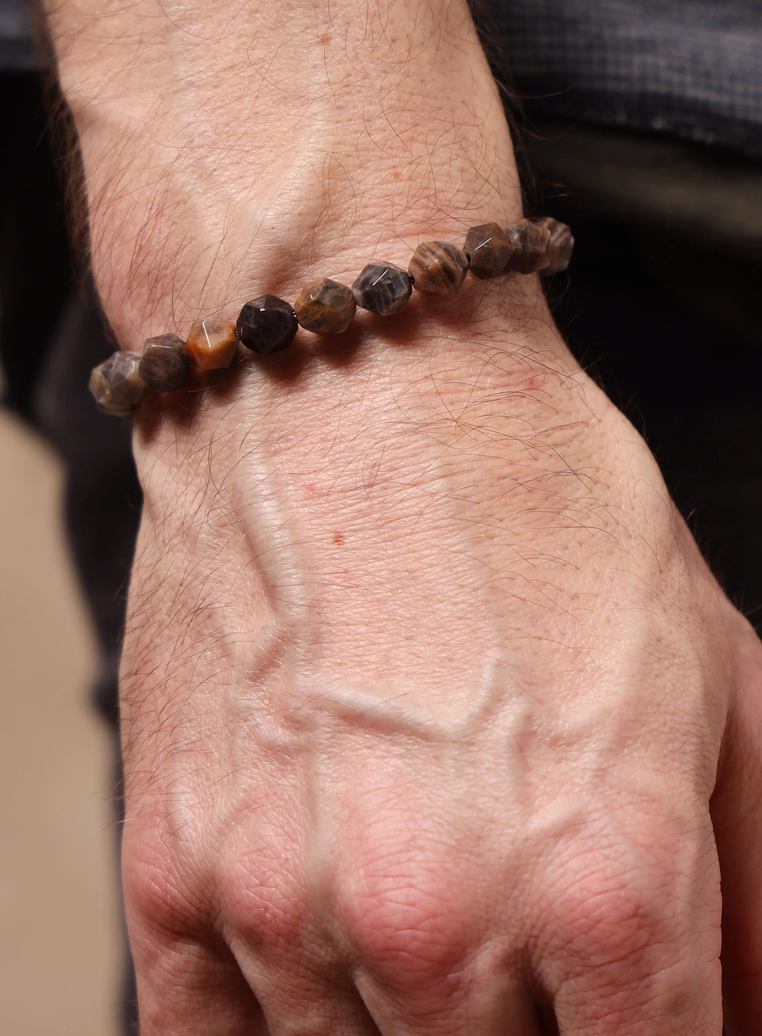 Chocolate Sunstone and Sterling Silver Men's Bead Bracelet
