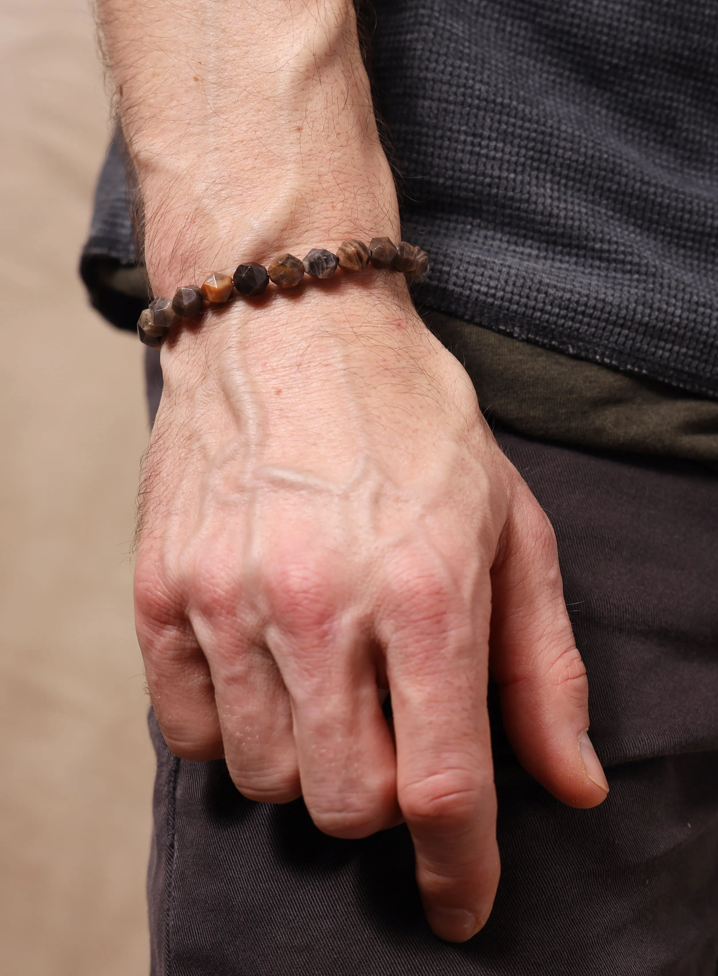 Chocolate Sunstone and Sterling Silver Men's Bead Bracelet
