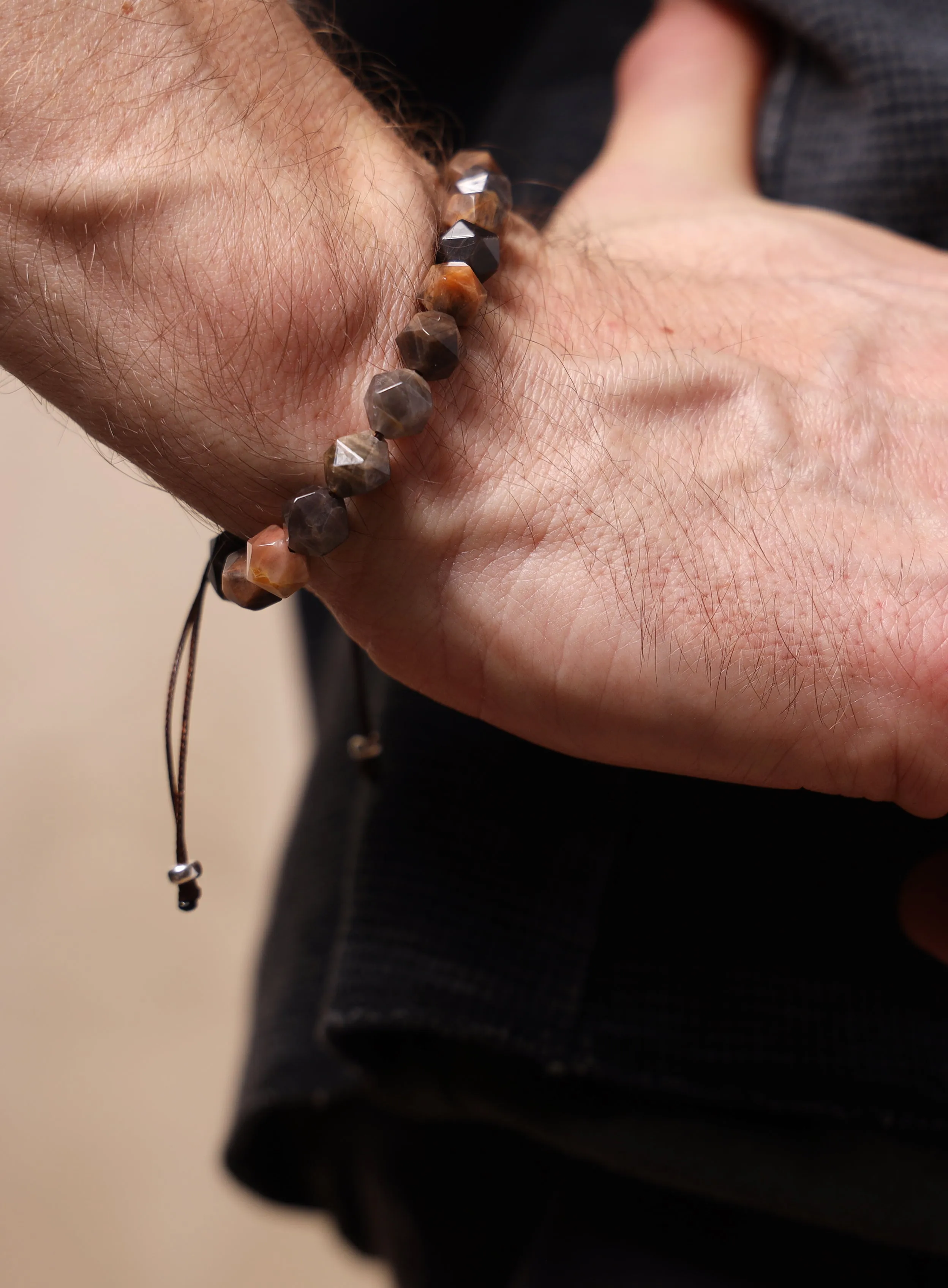 Chocolate Sunstone and Sterling Silver Men's Bead Bracelet