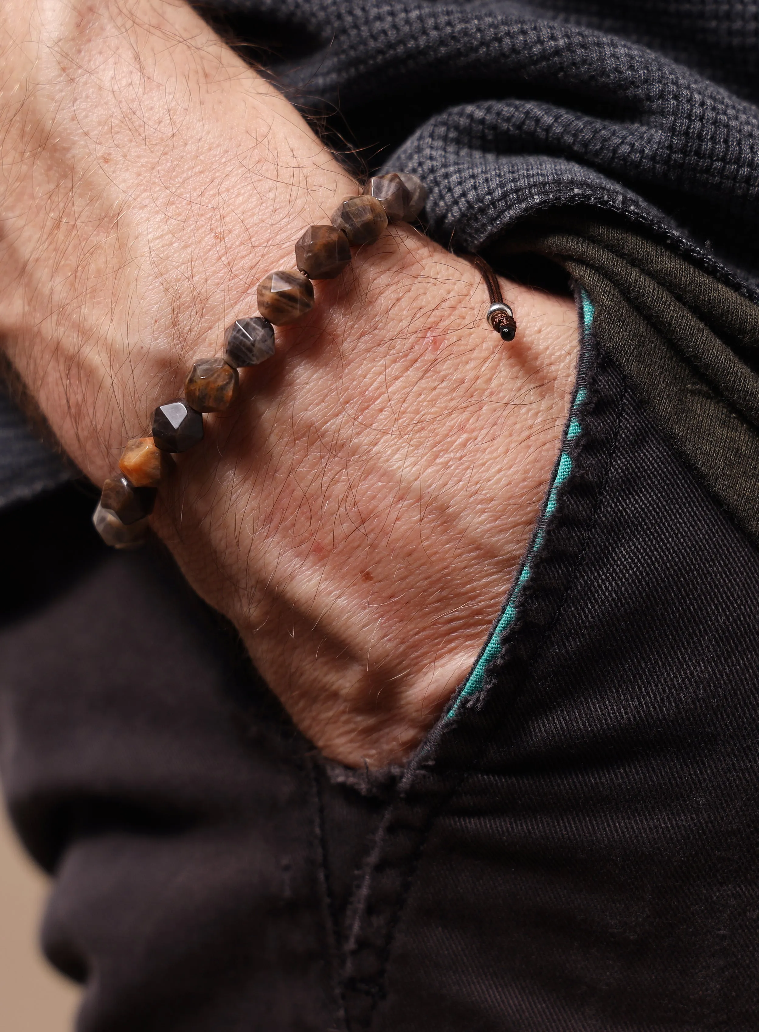 Chocolate Sunstone and Sterling Silver Men's Bead Bracelet