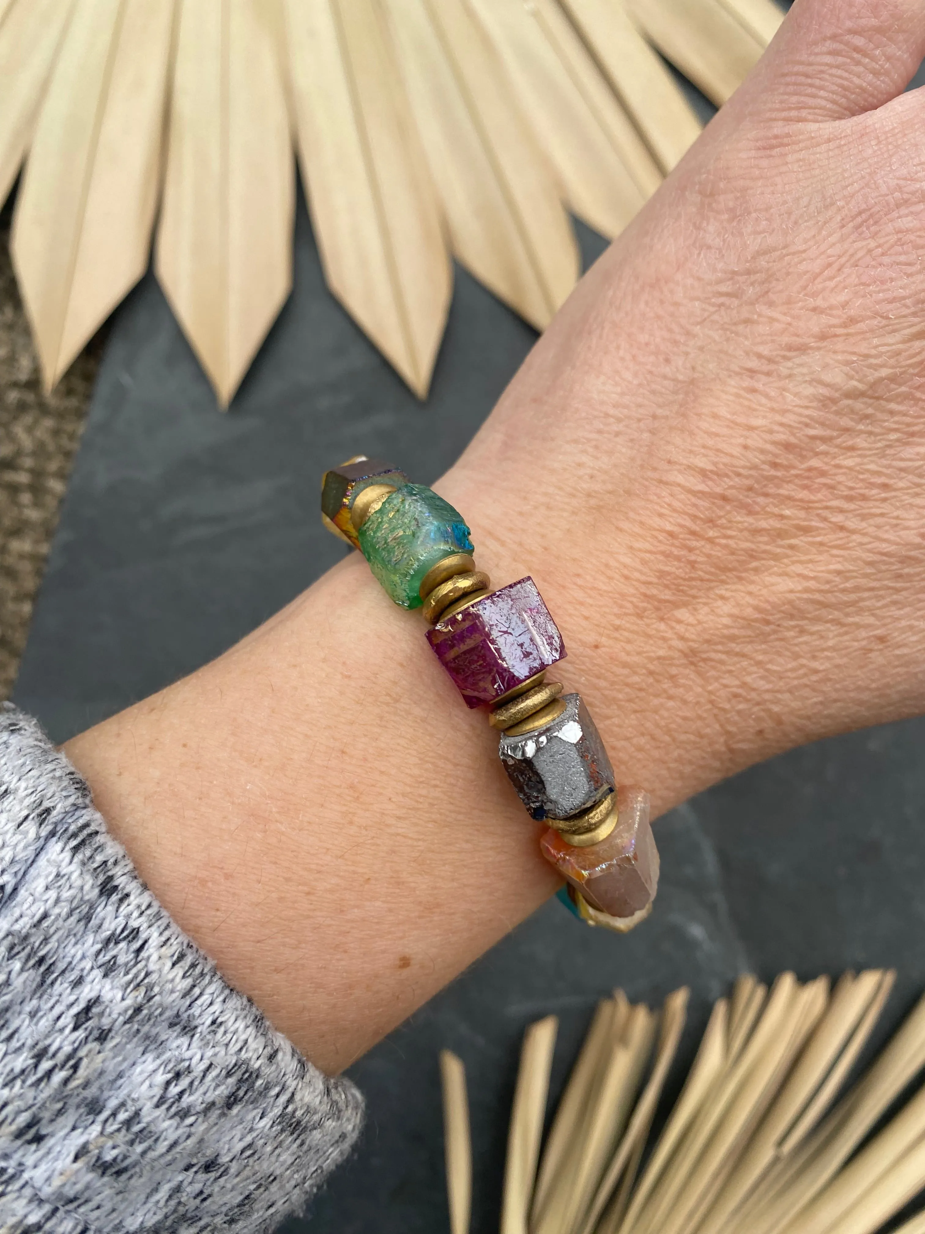 Chunky glass, African brass, elastic cording, bracelet, jewelry