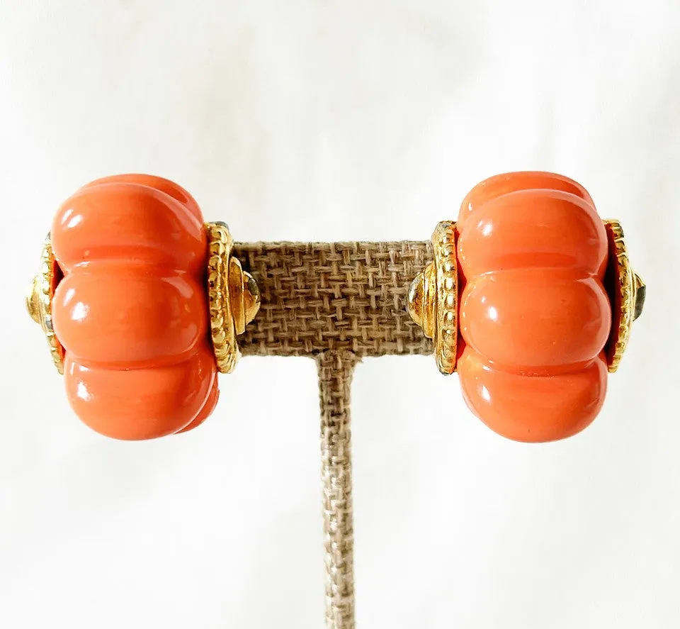 Classic 1970s signed Kenneth Lane clip in style coral scalloped style earrings