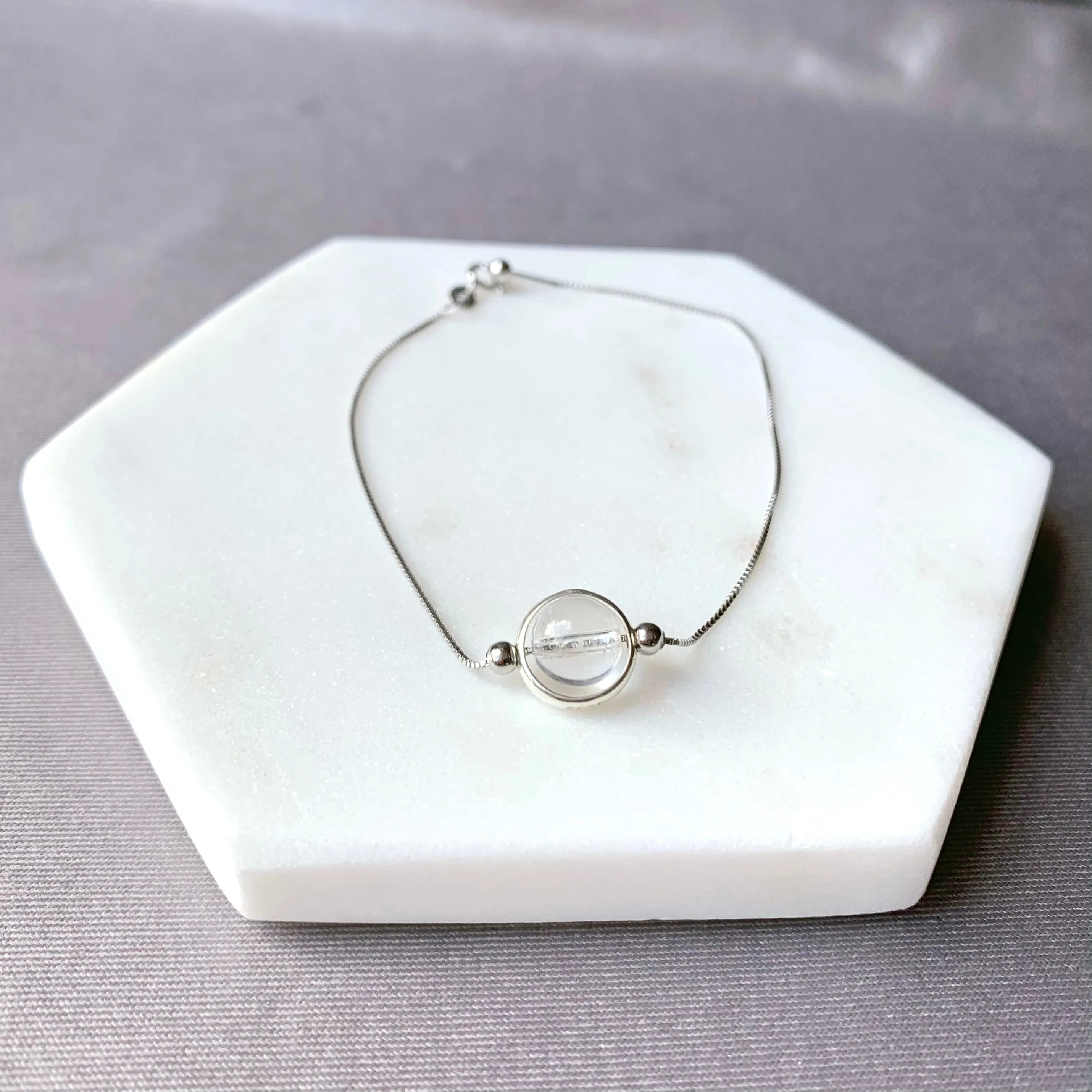 Clear Quartz Round Frame 925 Silver Bracelet (8mm)