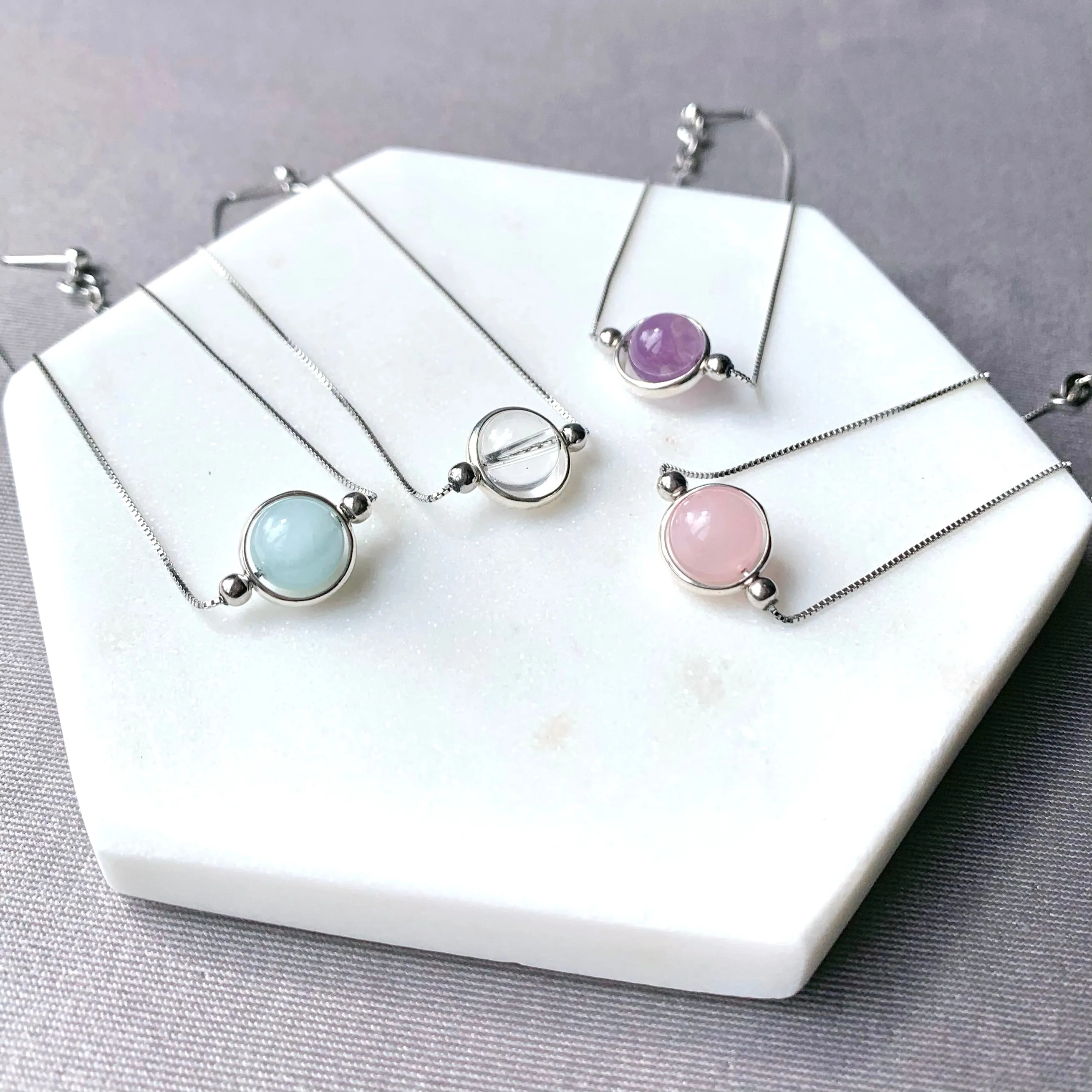 Clear Quartz Round Frame 925 Silver Bracelet (8mm)