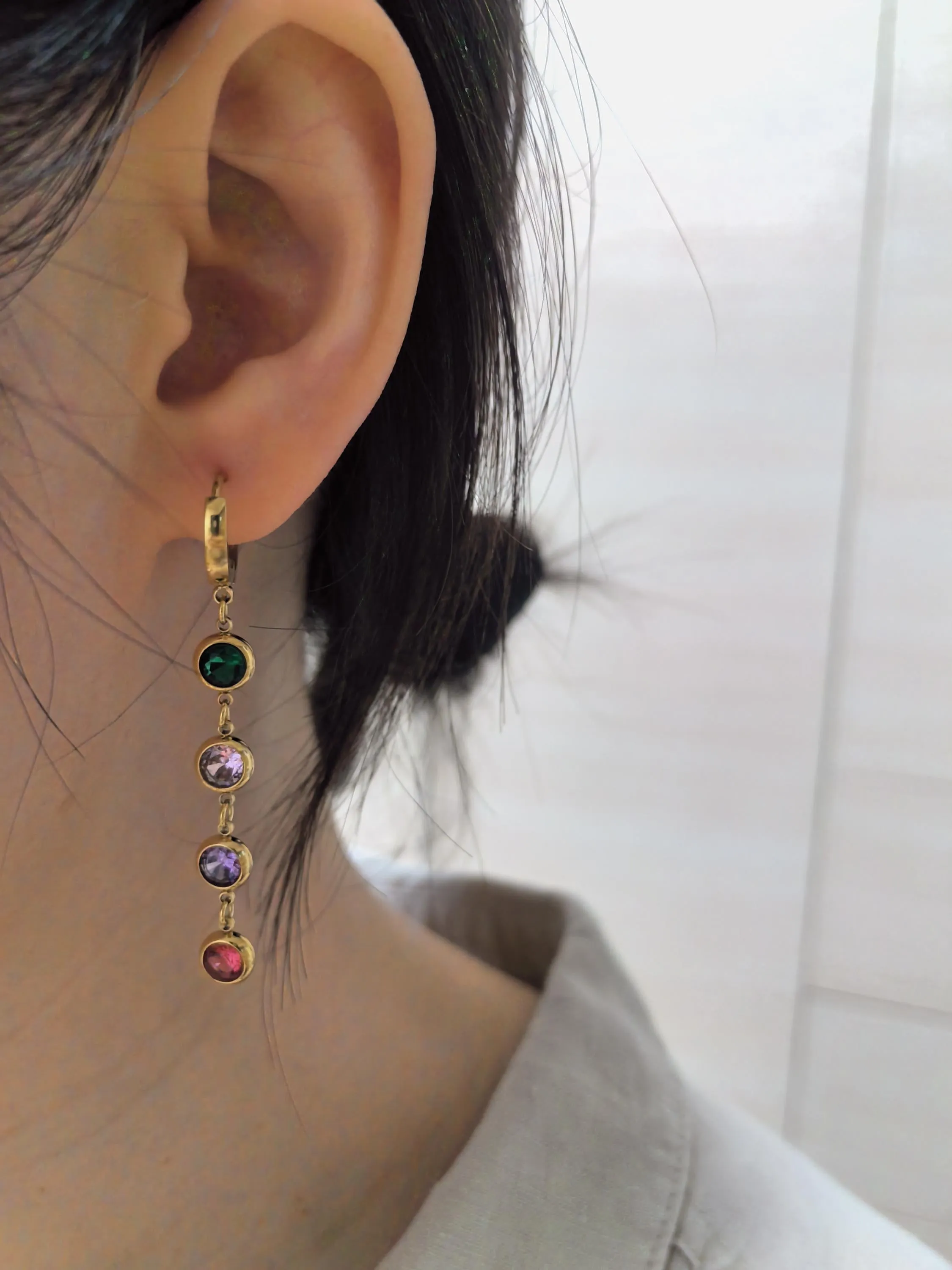 Colorful Zircon 18K Gold Plate Huggie Hoop Drop Dangle Linear Earrings