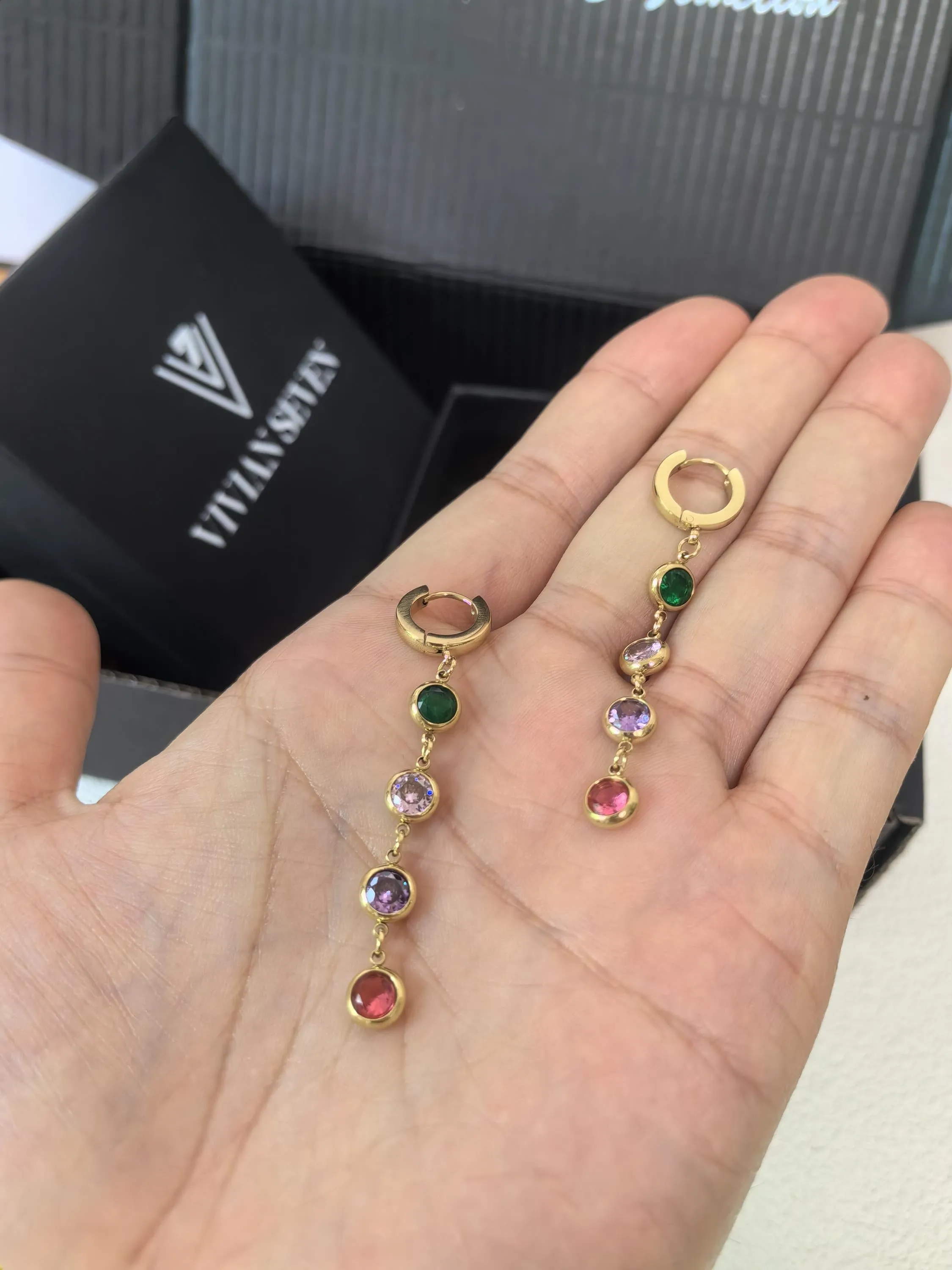 Colorful Zircon 18K Gold Plate Huggie Hoop Drop Dangle Linear Earrings