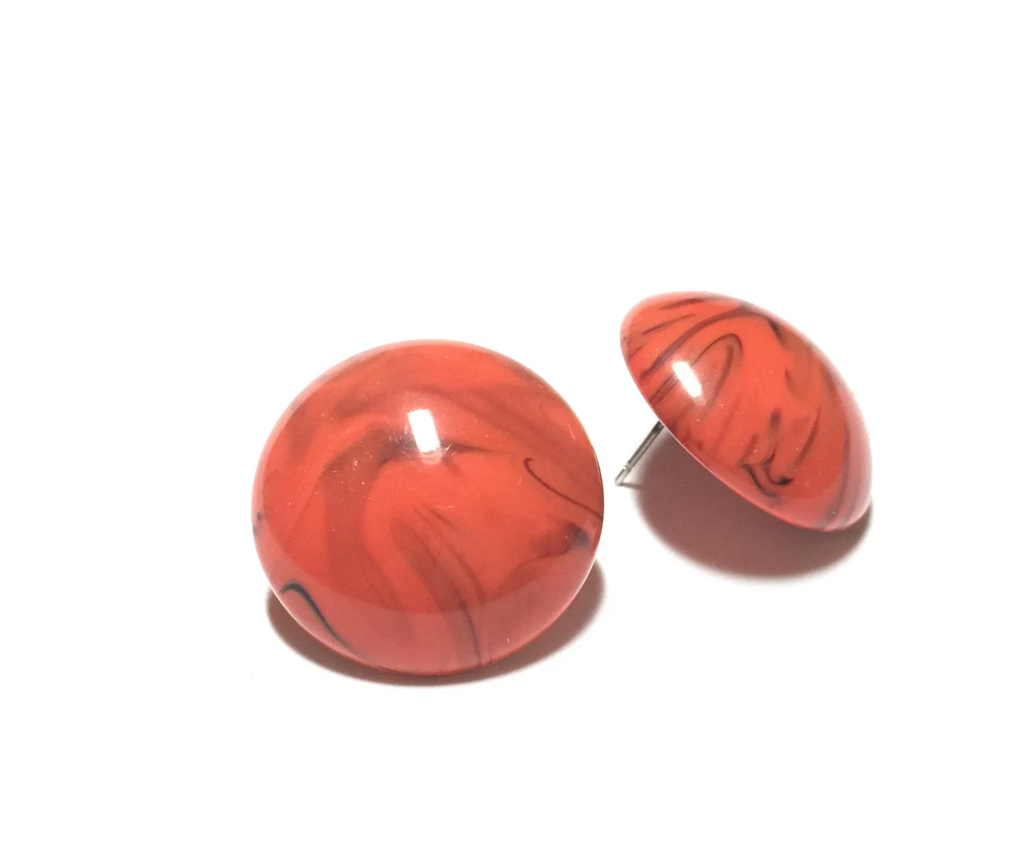Coral Marbled Large Retro Button Stud Earrings - 24mm