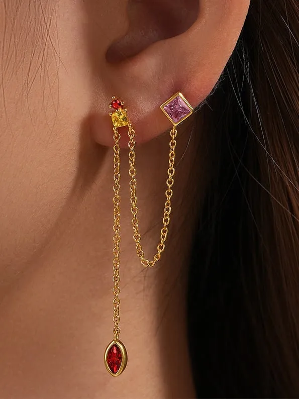Double Stud Earrings 925 Sterling Silver 18K Gold Plated Vermeil Zircon Luxury Nickel Free