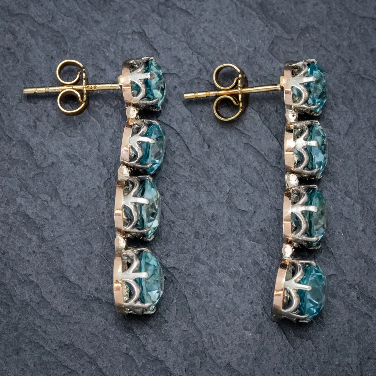 Edwardian Blue Zircon Earrings 9Ct Gold