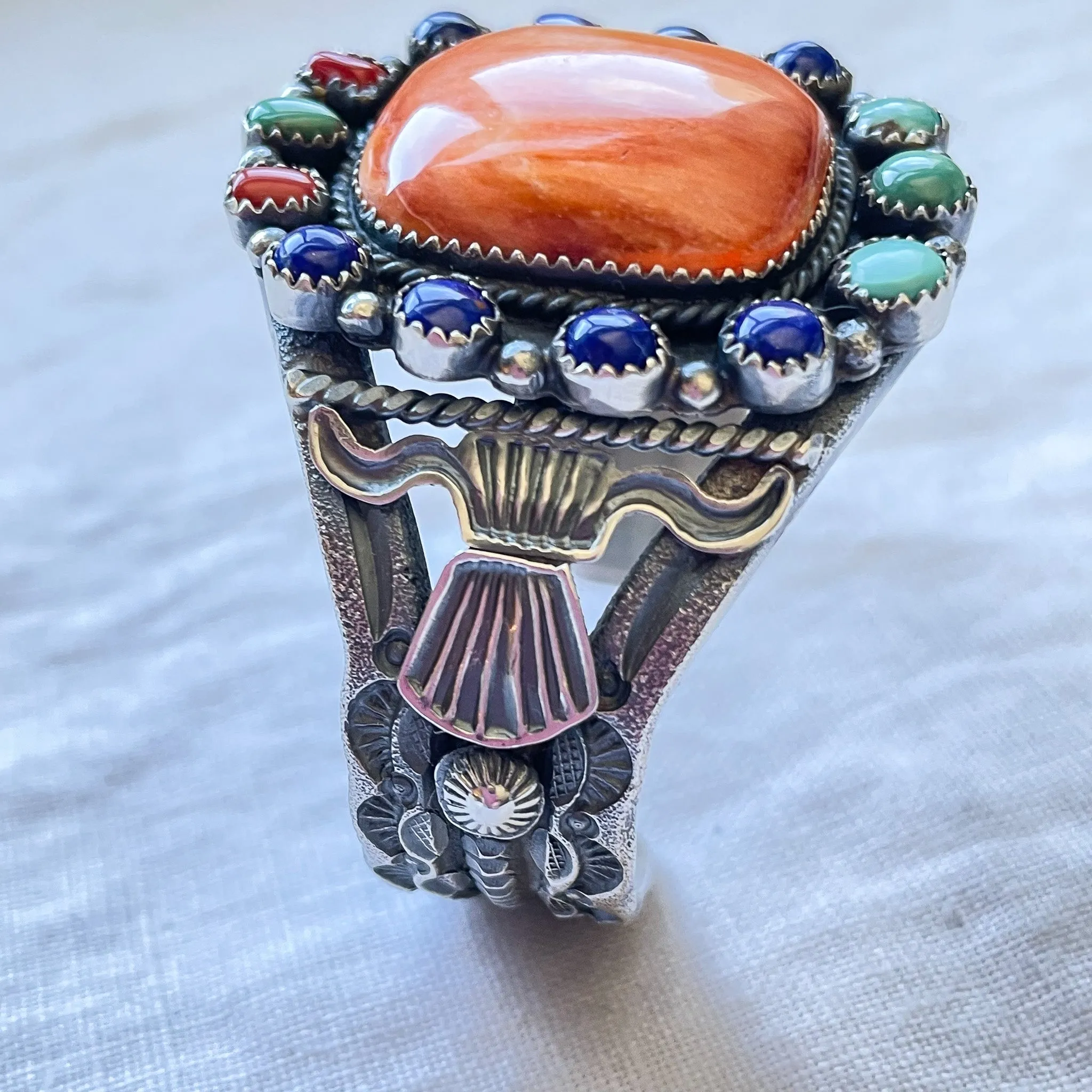 EL Billah Spiny Oyster Native American Bracelet, Sterling Silver Tufa Cast Cuff Bracelet 71.3 G