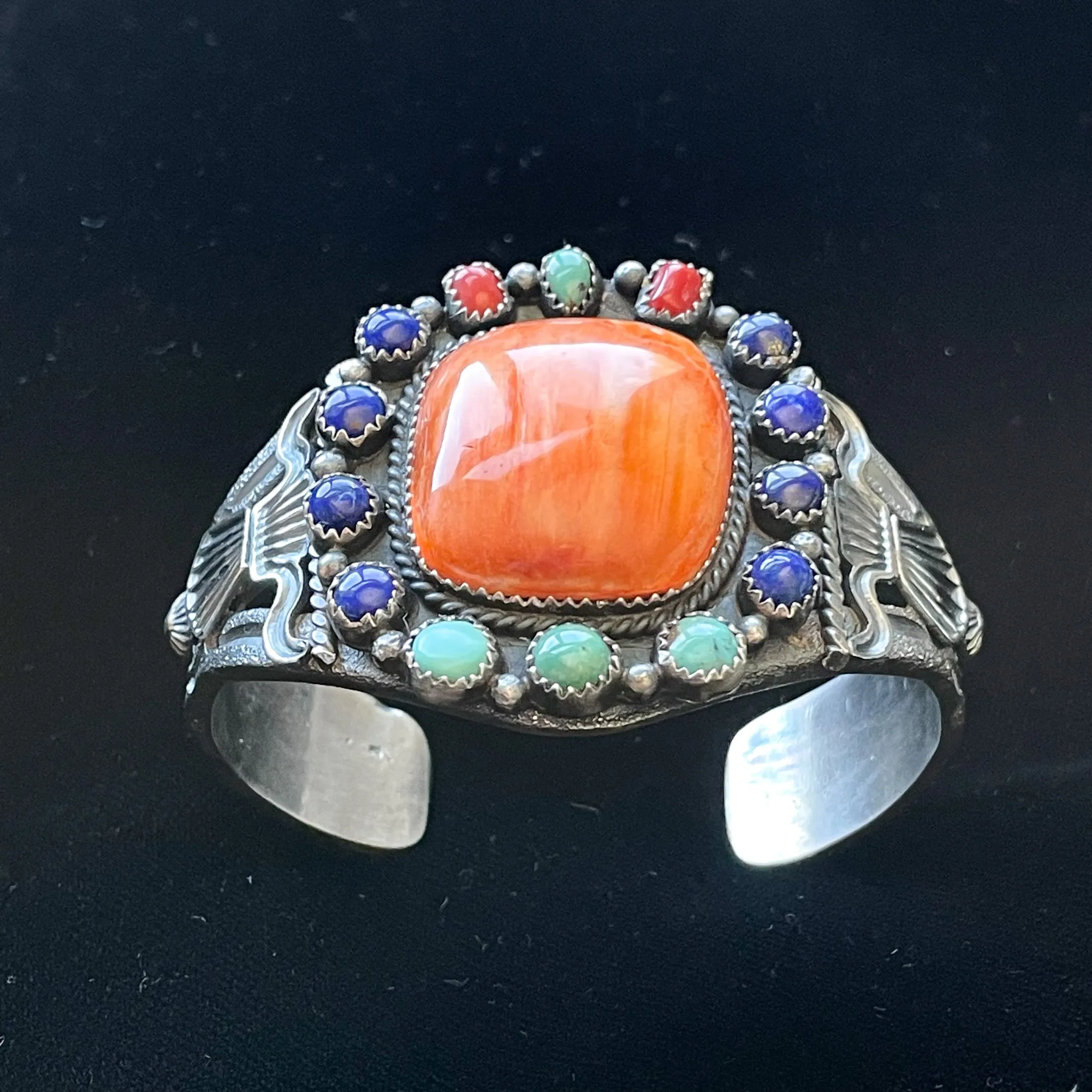 EL Billah Spiny Oyster Native American Bracelet, Sterling Silver Tufa Cast Cuff Bracelet 71.3 G