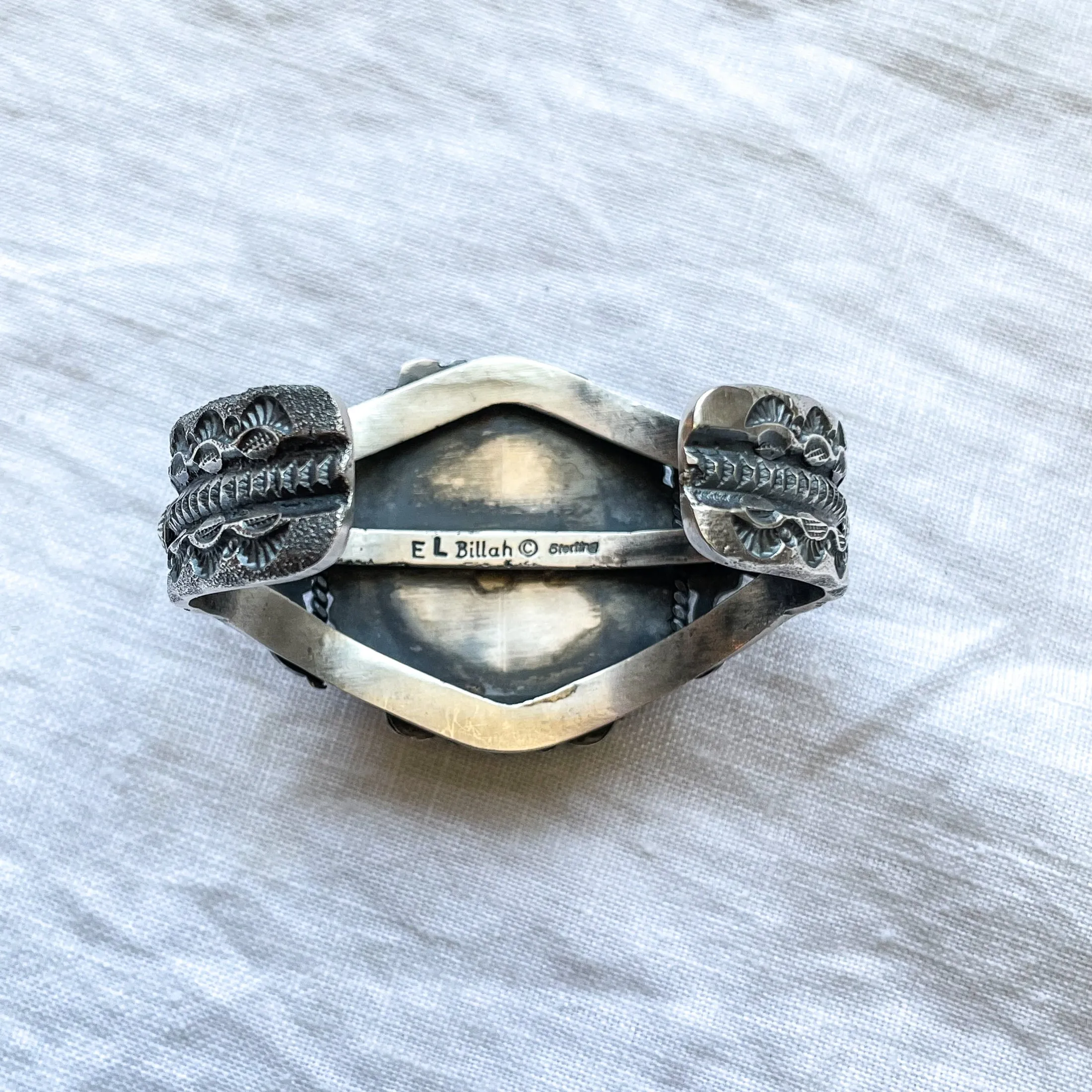 EL Billah Spiny Oyster Native American Bracelet, Sterling Silver Tufa Cast Cuff Bracelet 71.3 G