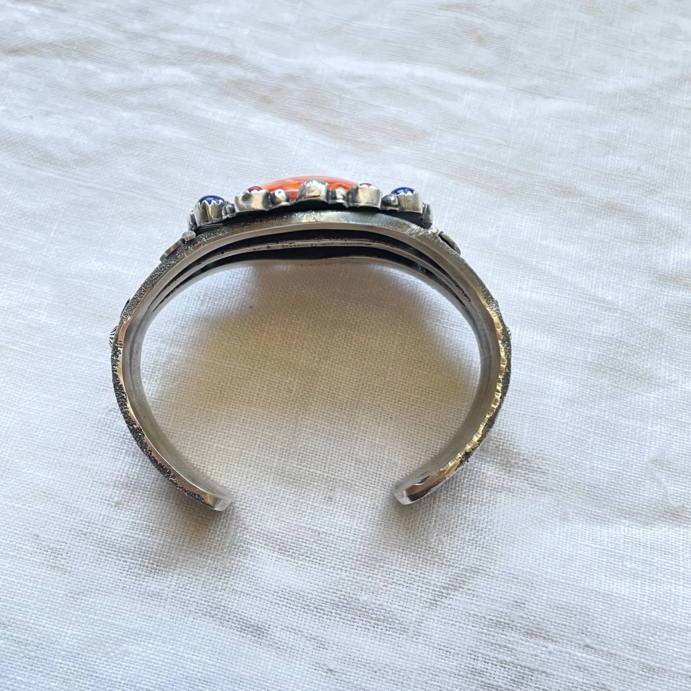 EL Billah Spiny Oyster Native American Bracelet, Sterling Silver Tufa Cast Cuff Bracelet 71.3 G