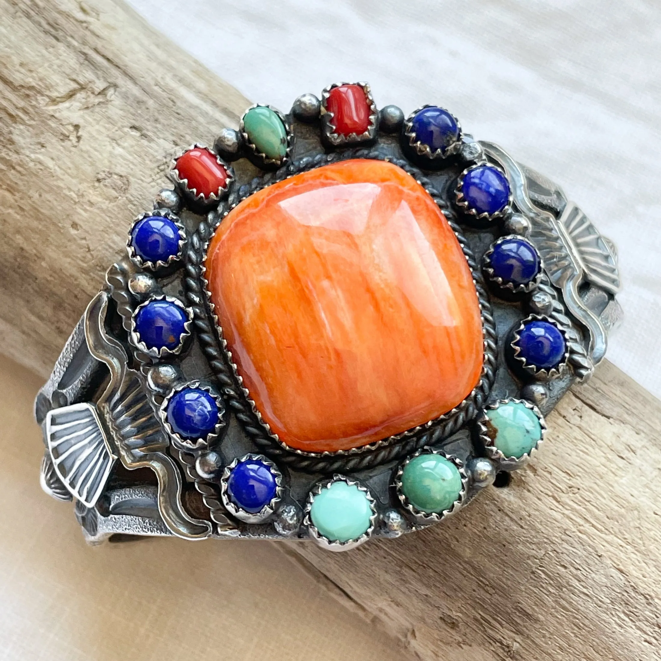 EL Billah Spiny Oyster Native American Bracelet, Sterling Silver Tufa Cast Cuff Bracelet 71.3 G