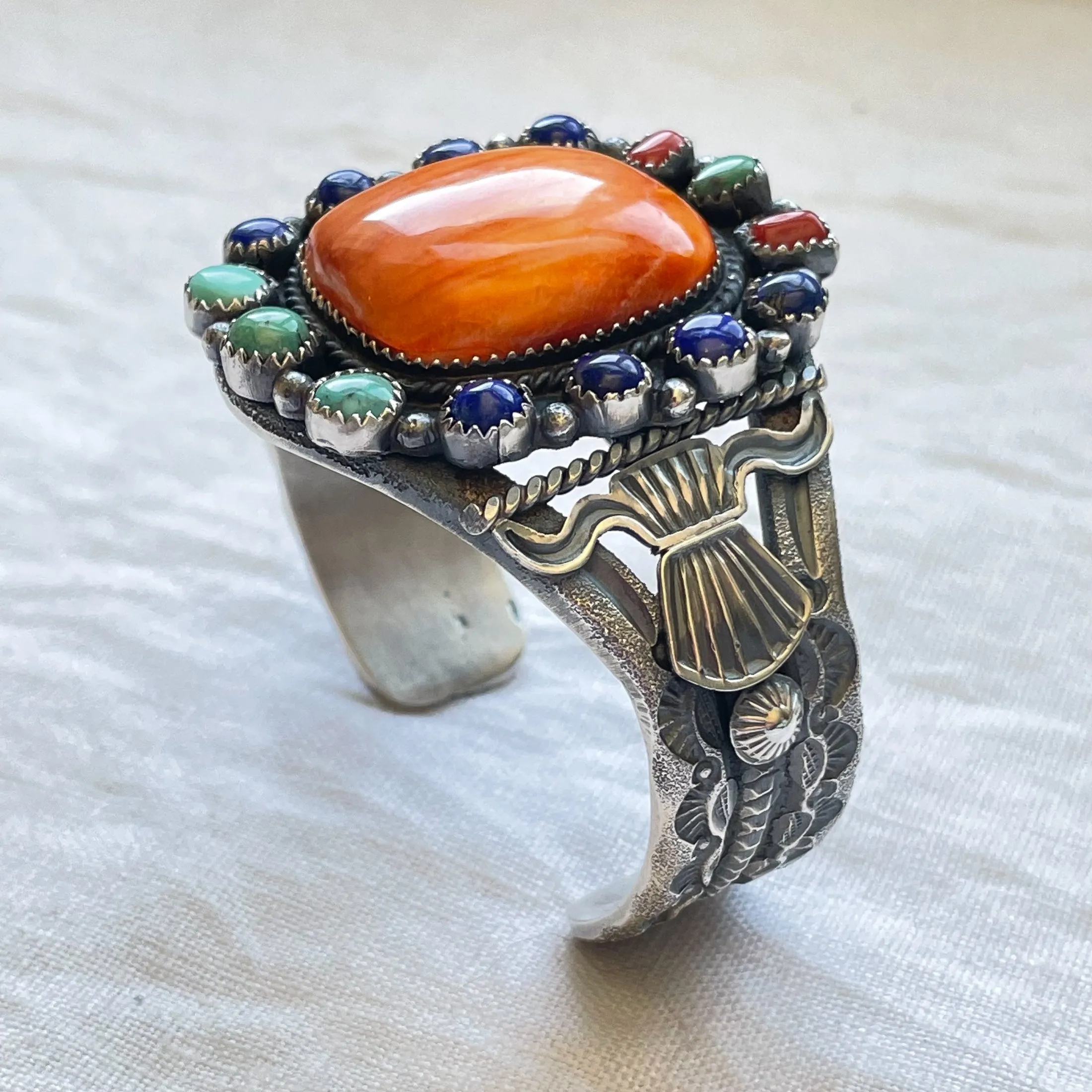 EL Billah Spiny Oyster Native American Bracelet, Sterling Silver Tufa Cast Cuff Bracelet 71.3 G