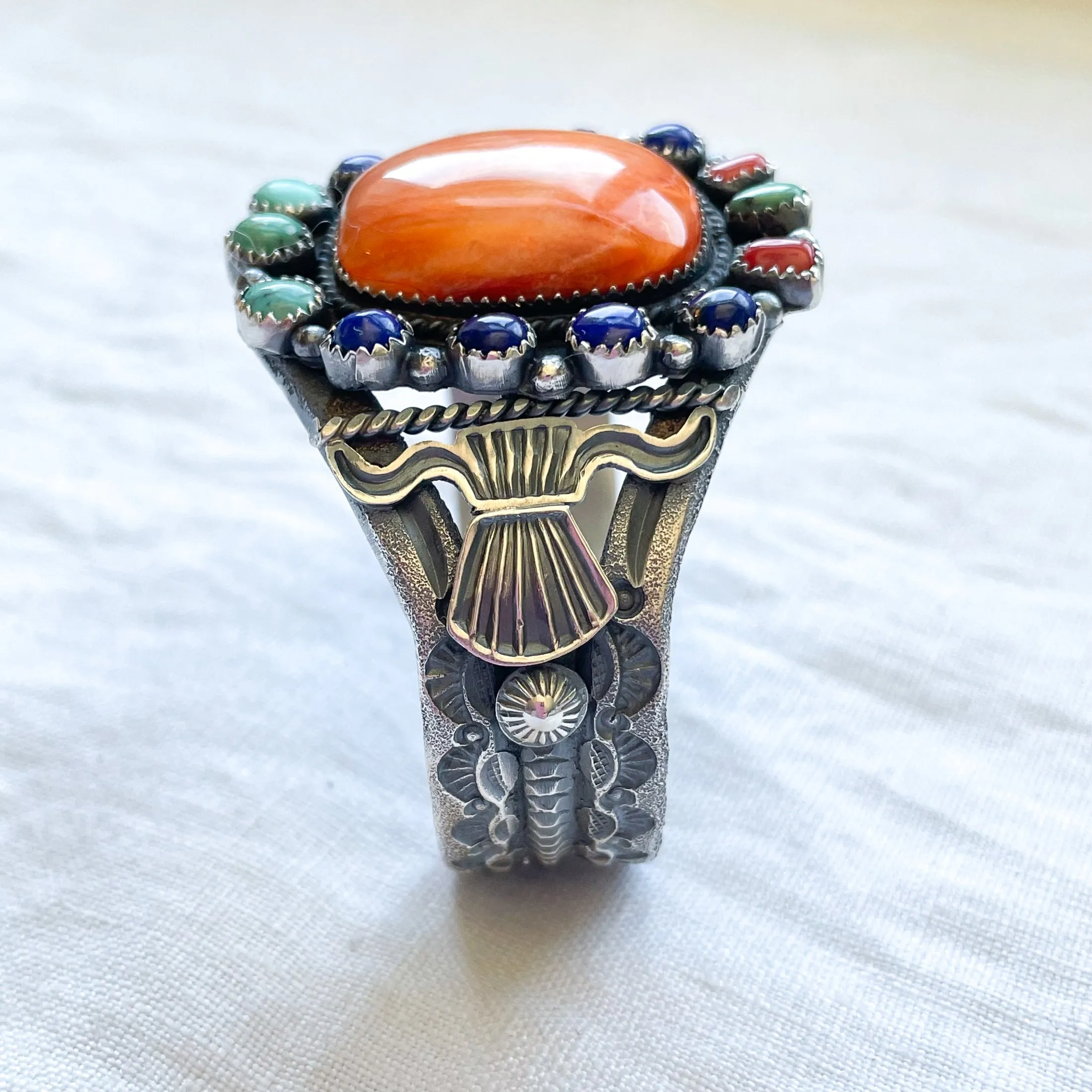 EL Billah Spiny Oyster Native American Bracelet, Sterling Silver Tufa Cast Cuff Bracelet 71.3 G