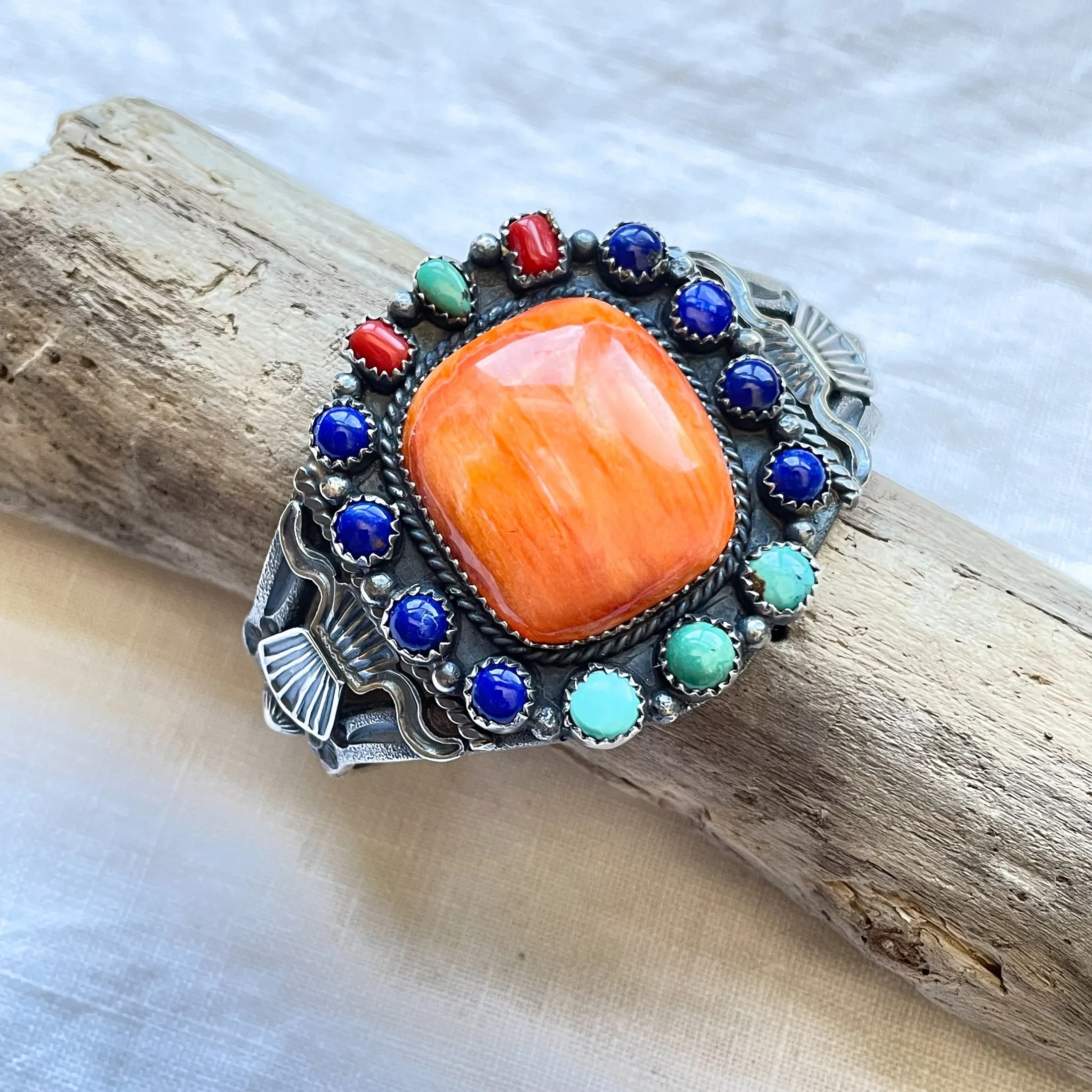 EL Billah Spiny Oyster Native American Bracelet, Sterling Silver Tufa Cast Cuff Bracelet 71.3 G