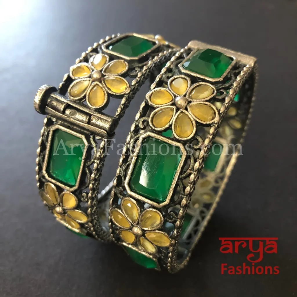 Ethnic Oxidized Silver Bracelet Kada with colored stones