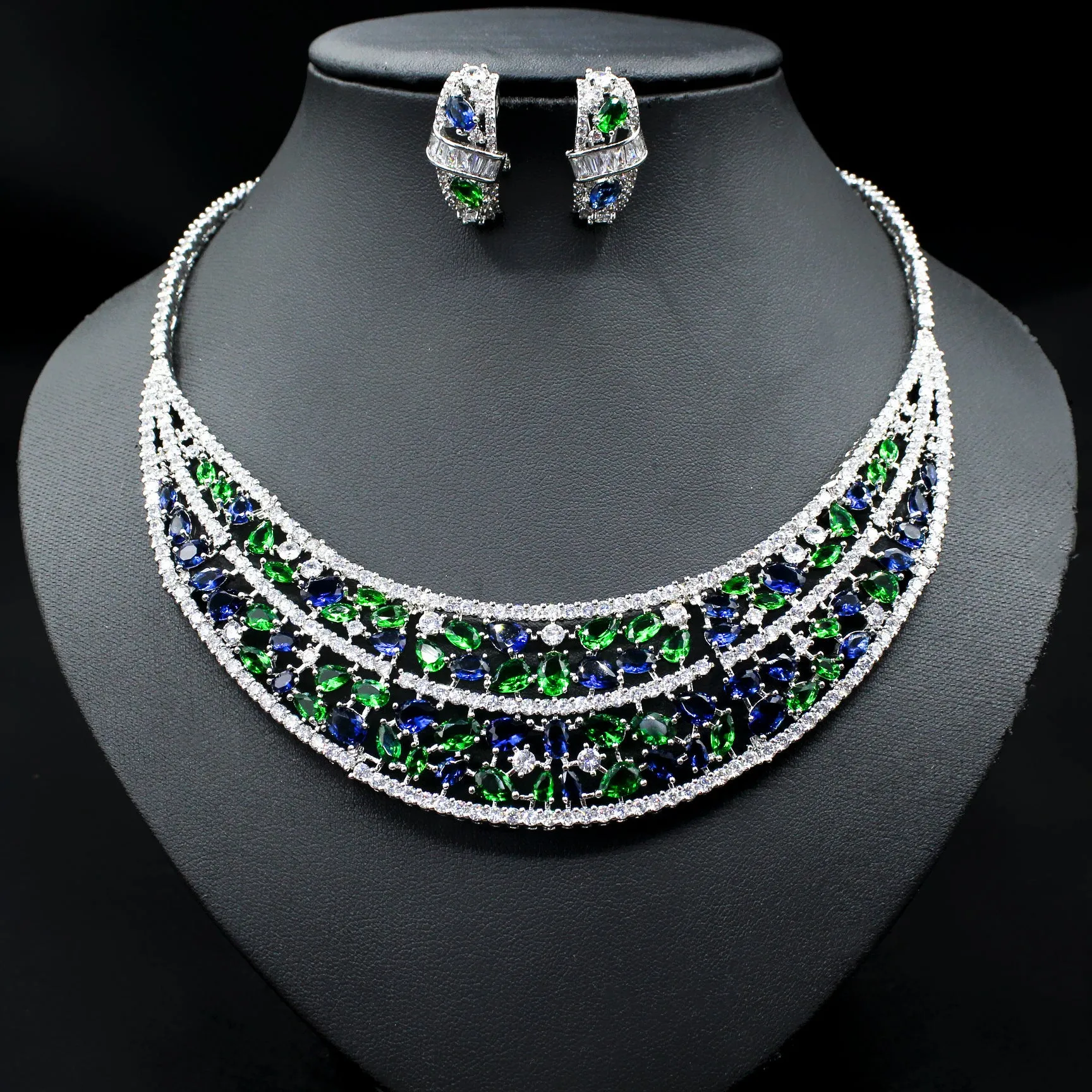 European and American bride emerald earrings and necklace set zircon micro-inlaid diamond earrings two-piece set