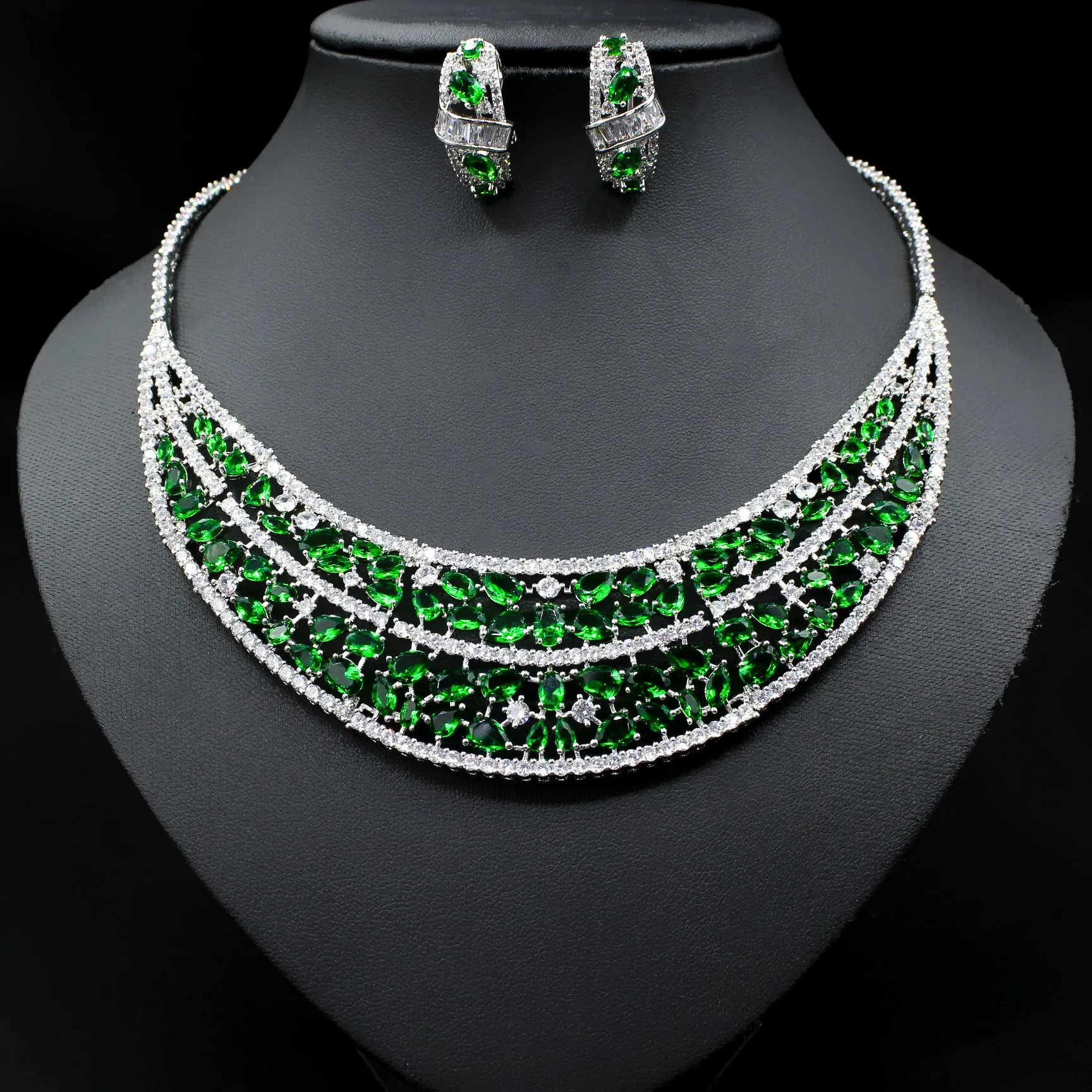 European and American bride emerald earrings and necklace set zircon micro-inlaid diamond earrings two-piece set
