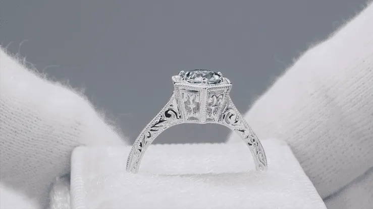 Filigree Hexagon Art Deco Engraved 3/4 Carat Aquamarine Engagement Ring in 14K White Gold