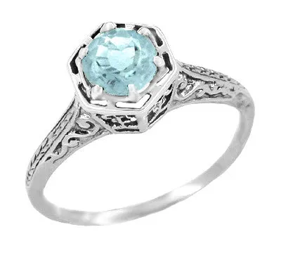 Filigree Hexagon Art Deco Engraved 3/4 Carat Aquamarine Engagement Ring in 14K White Gold