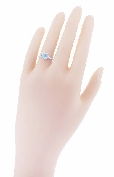 Filigree Hexagon Art Deco Engraved 3/4 Carat Aquamarine Engagement Ring in 14K White Gold