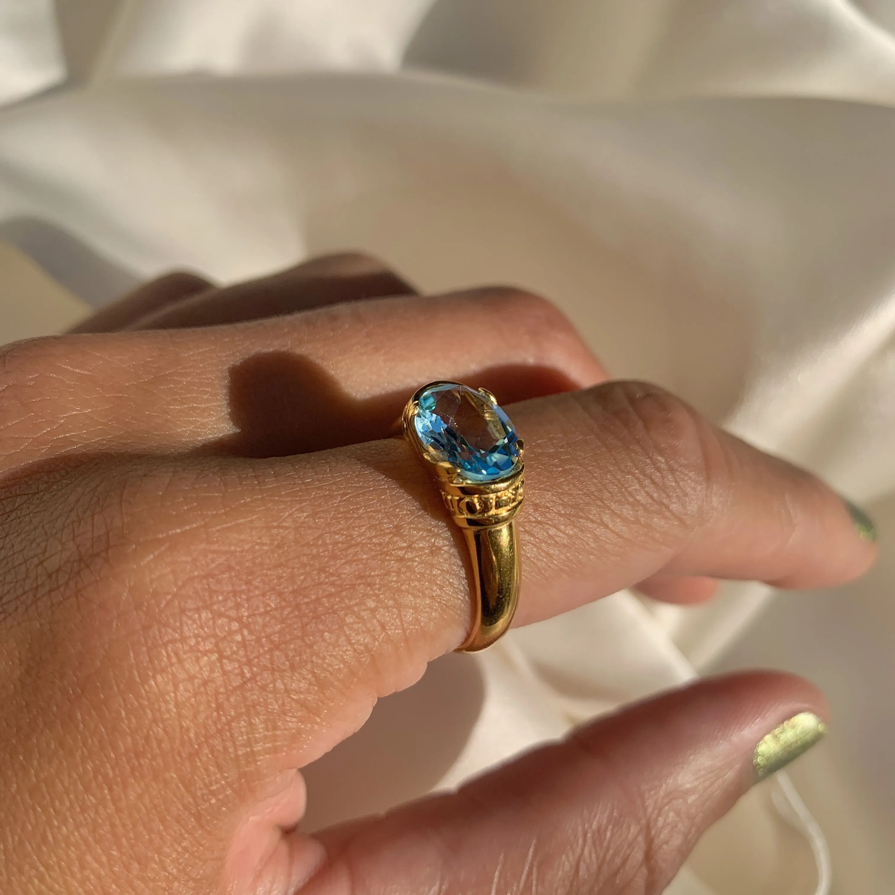 Gold Aquamarine Ring - Blue Tribal Ring - Vintage Tribal Ring