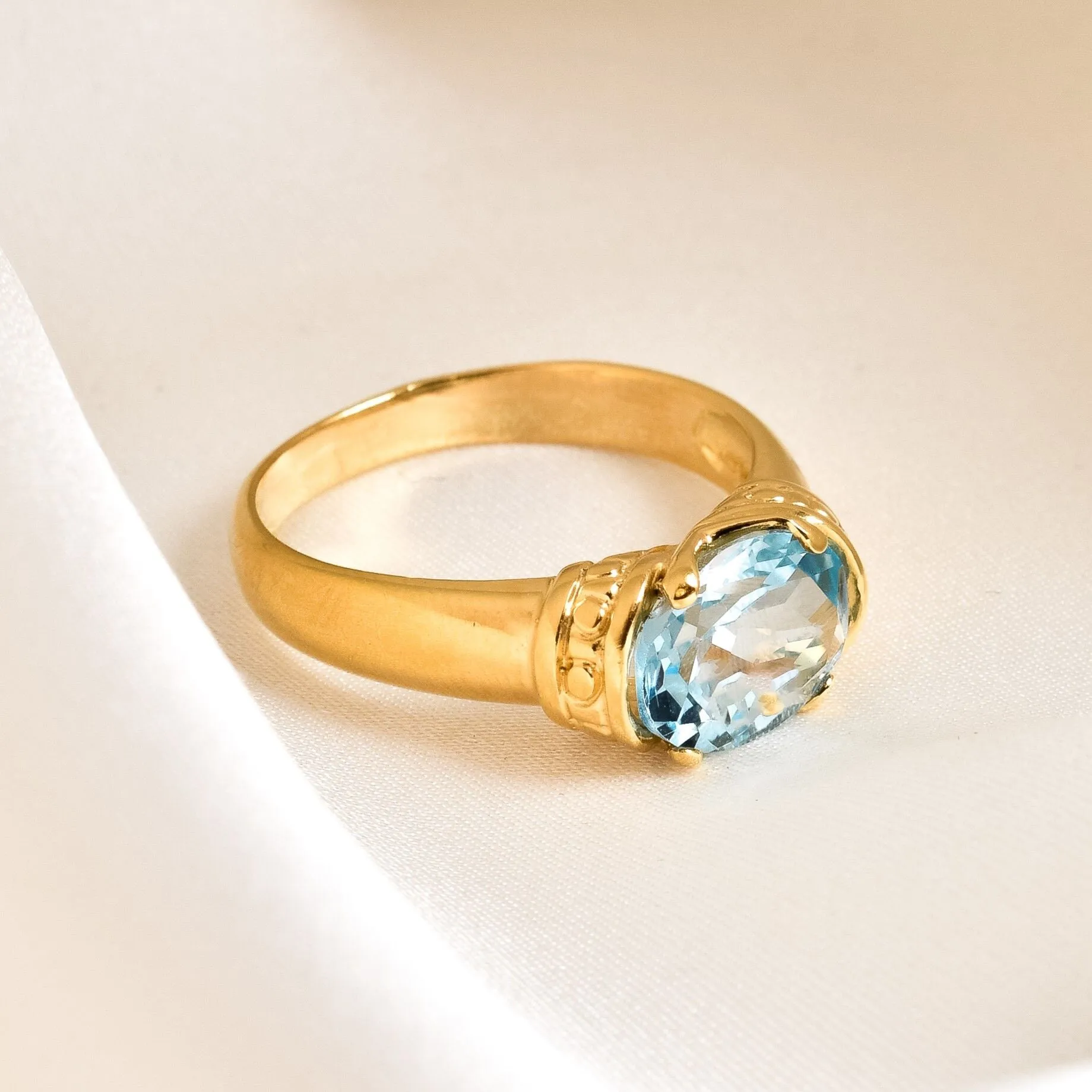 Gold Aquamarine Ring - Blue Tribal Ring - Vintage Tribal Ring