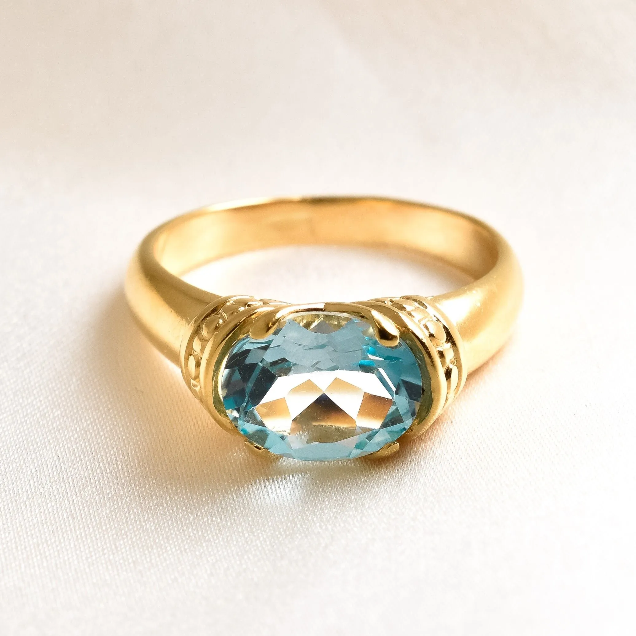 Gold Aquamarine Ring - Blue Tribal Ring - Vintage Tribal Ring