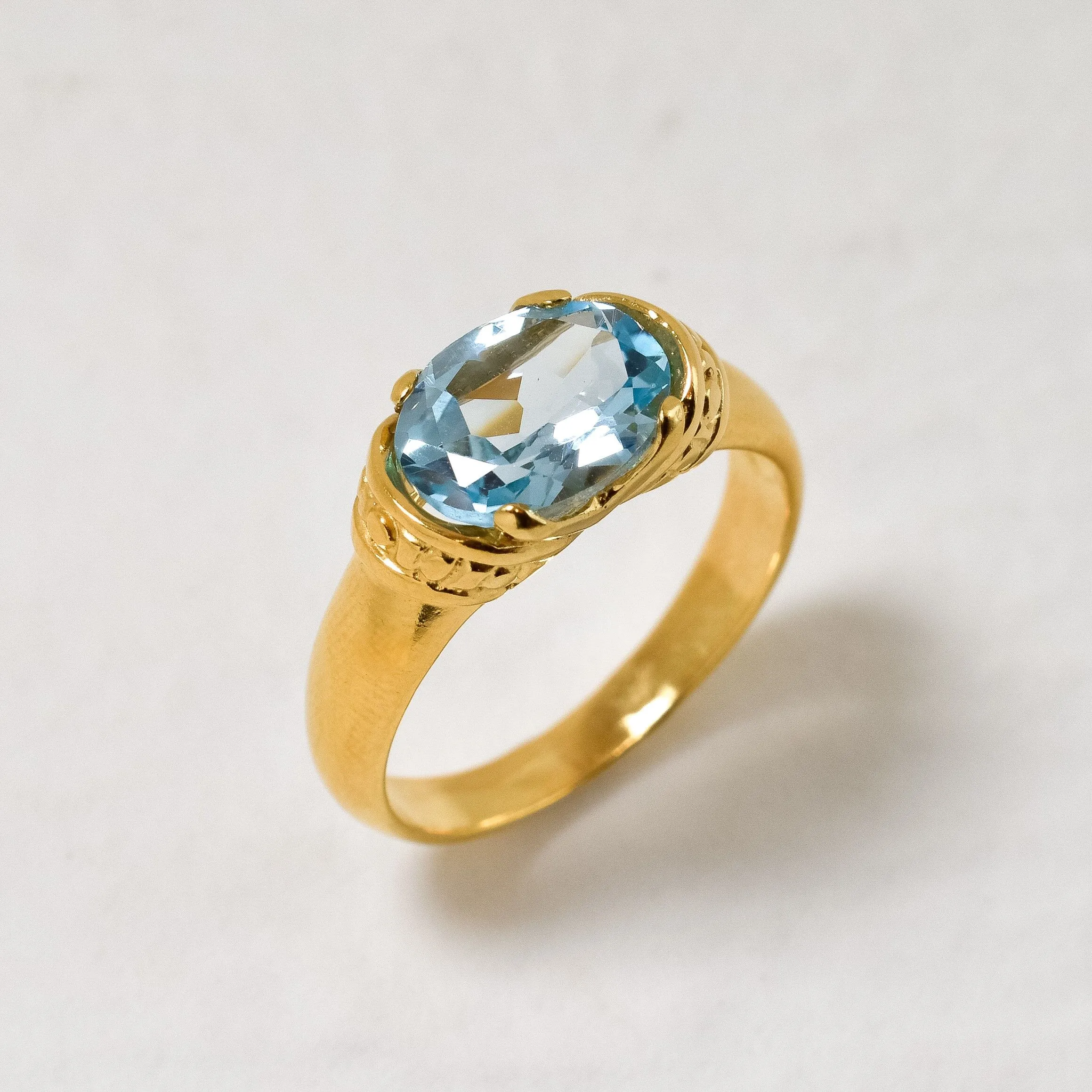Gold Aquamarine Ring - Blue Tribal Ring - Vintage Tribal Ring