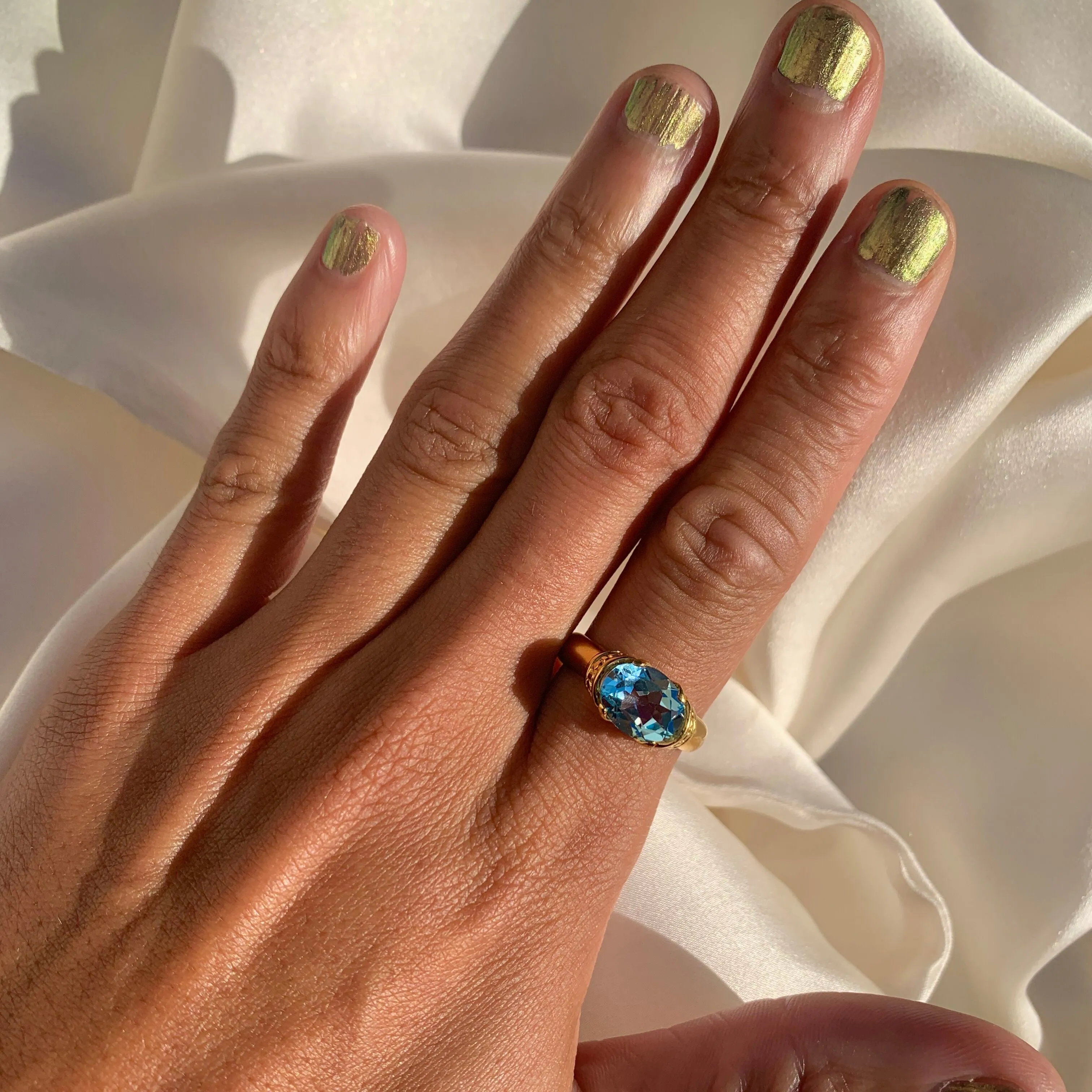 Gold Aquamarine Ring - Blue Tribal Ring - Vintage Tribal Ring
